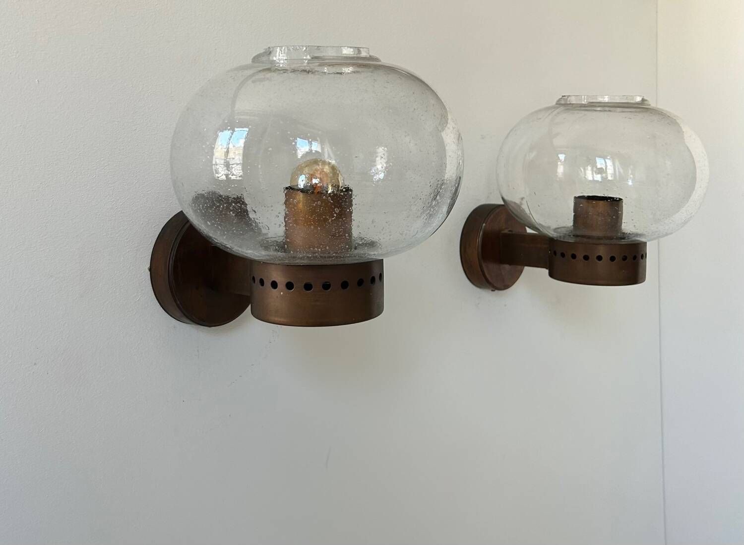 511.0 Pair Of Vintage Wall Lights, Copper And Bubbled Glass, Bega Germany 1970 photo