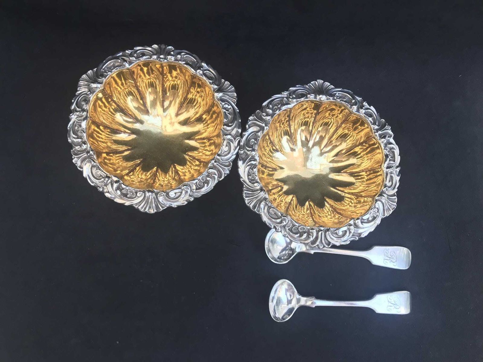 Pair Salt Cellars Georgian Salt Bowls Silver Plated With Gold Wash British Gift Luxury Wedding Gift English Antique 1820 photo vinterior
