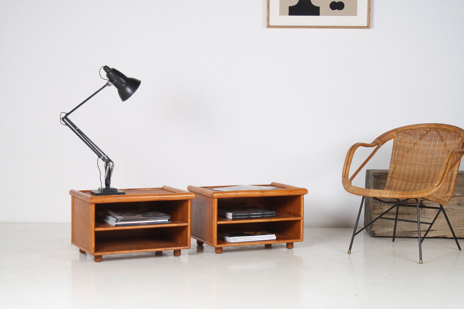 A Pair Of Mid Century Rattan Top Bamboo Night Stand Side Tables photo for sale