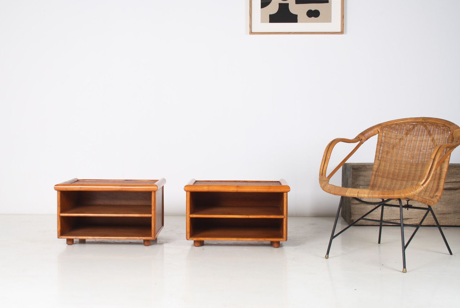 photo for sale A Pair Of Mid Century Rattan Top Bamboo Night Stand Side Tables