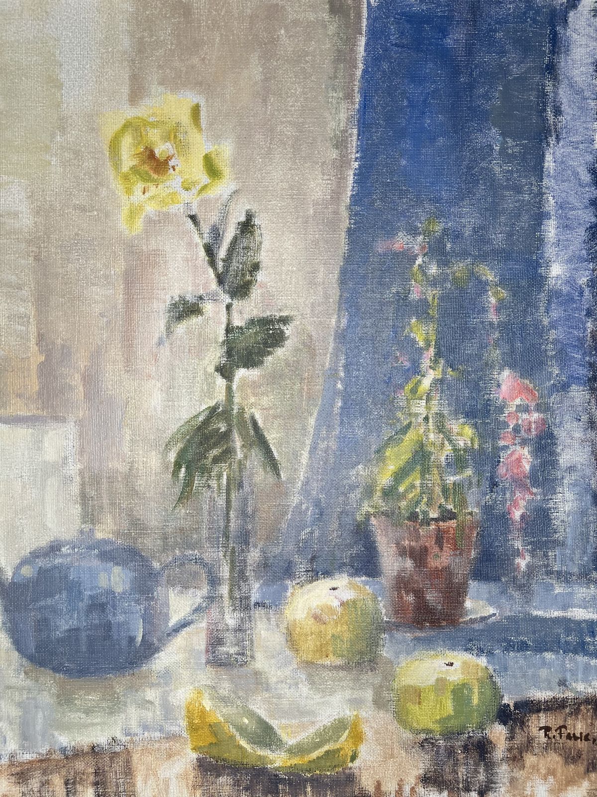 Teapot And Lemons, Oil On Canvas Still Life Painting photo vinterior