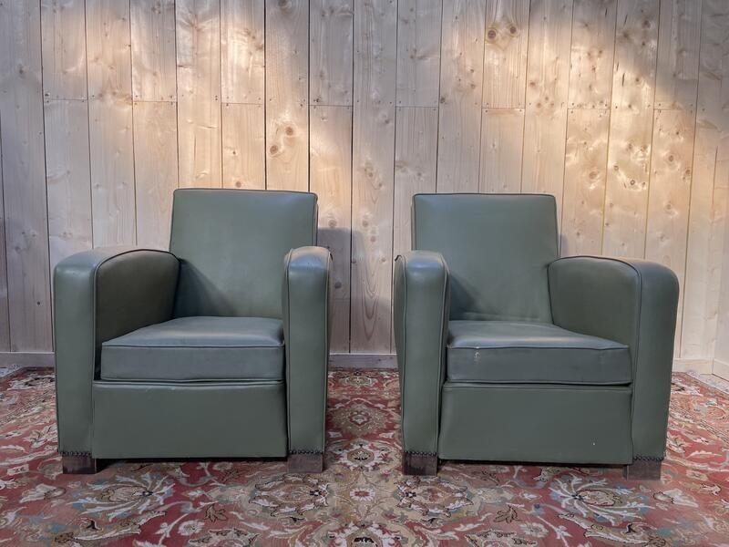 Paire De Fauteuils Club En Skaï Vert 1940
