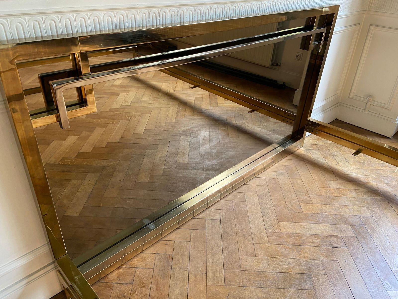 Belgo Chrom Bed In Gold Metal And Bronze Mirrored Headboard, 1970 photo for sale