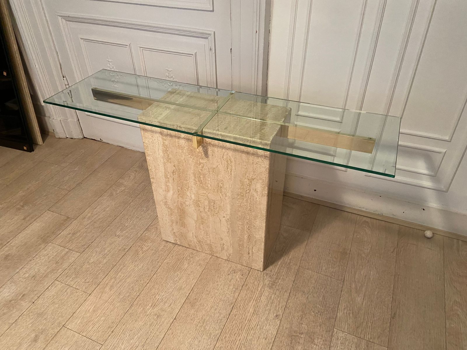 Travertine Console And Gold Metal Cross, Italy, 1970s photo Furniture