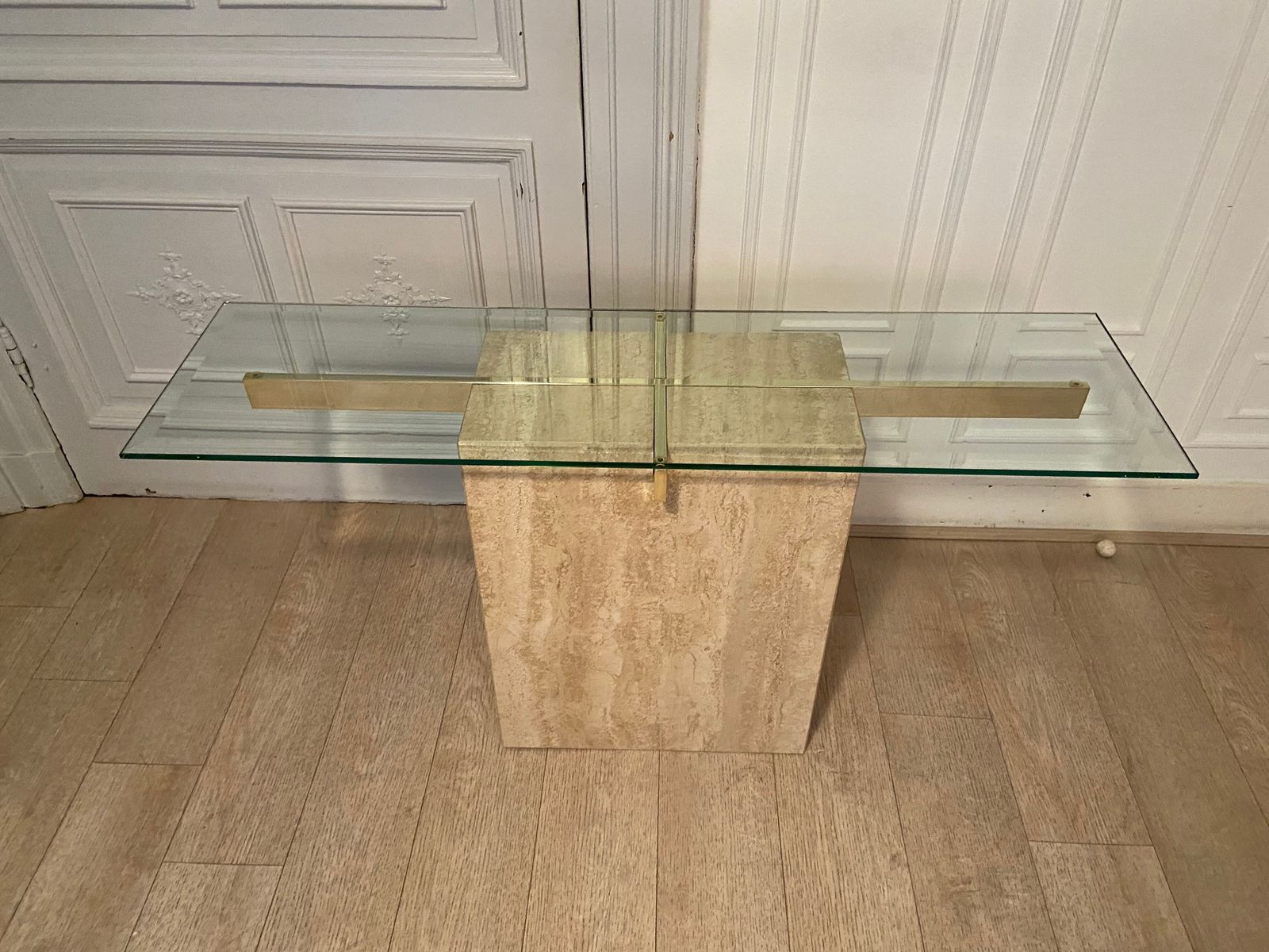 Travertine Console And Gold Metal Cross, Italy, 1970s photo vinterior