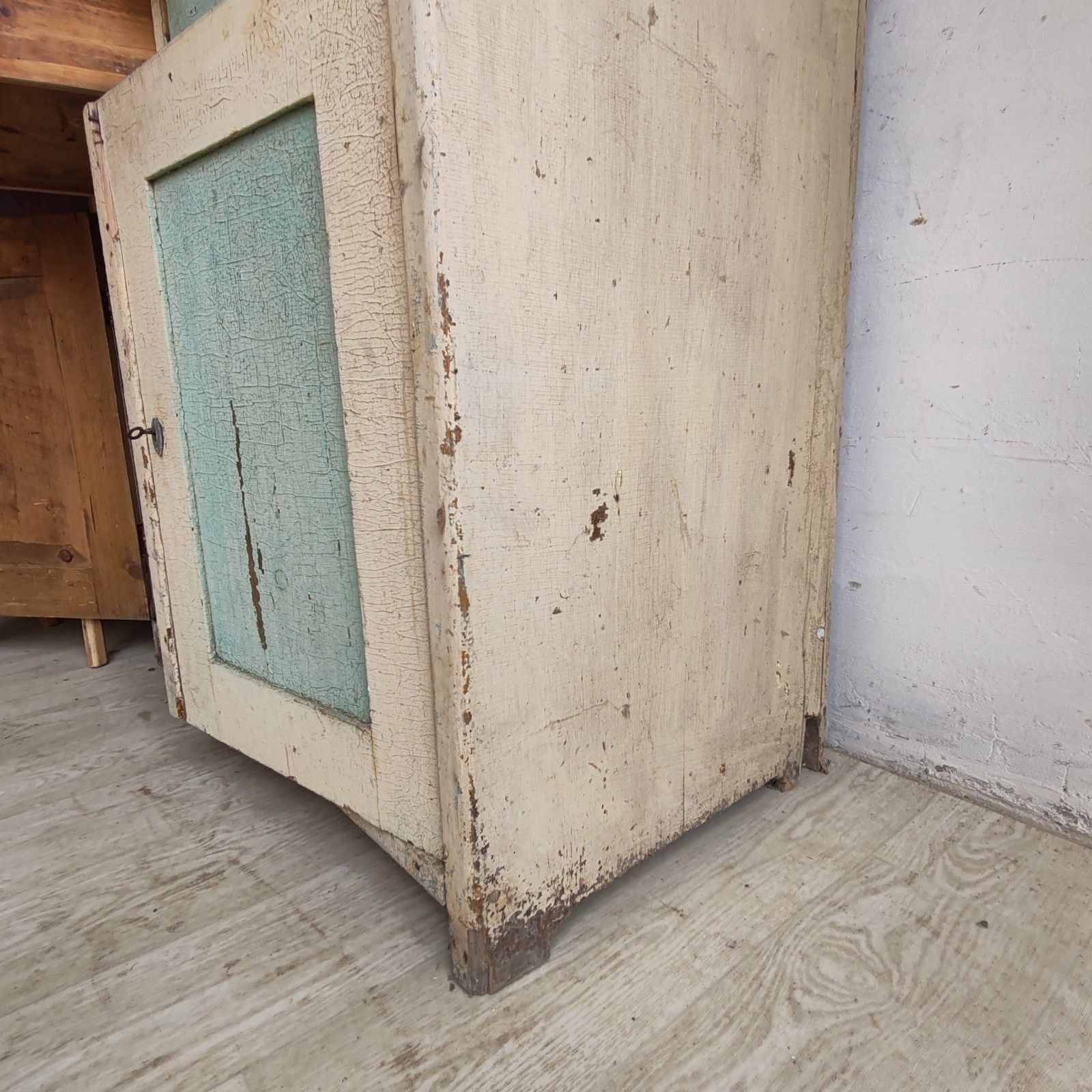 photo for sale Unique 1890s Hungarian Rustic Dresser Handcrafted, Cream & Green Patina Cupboard