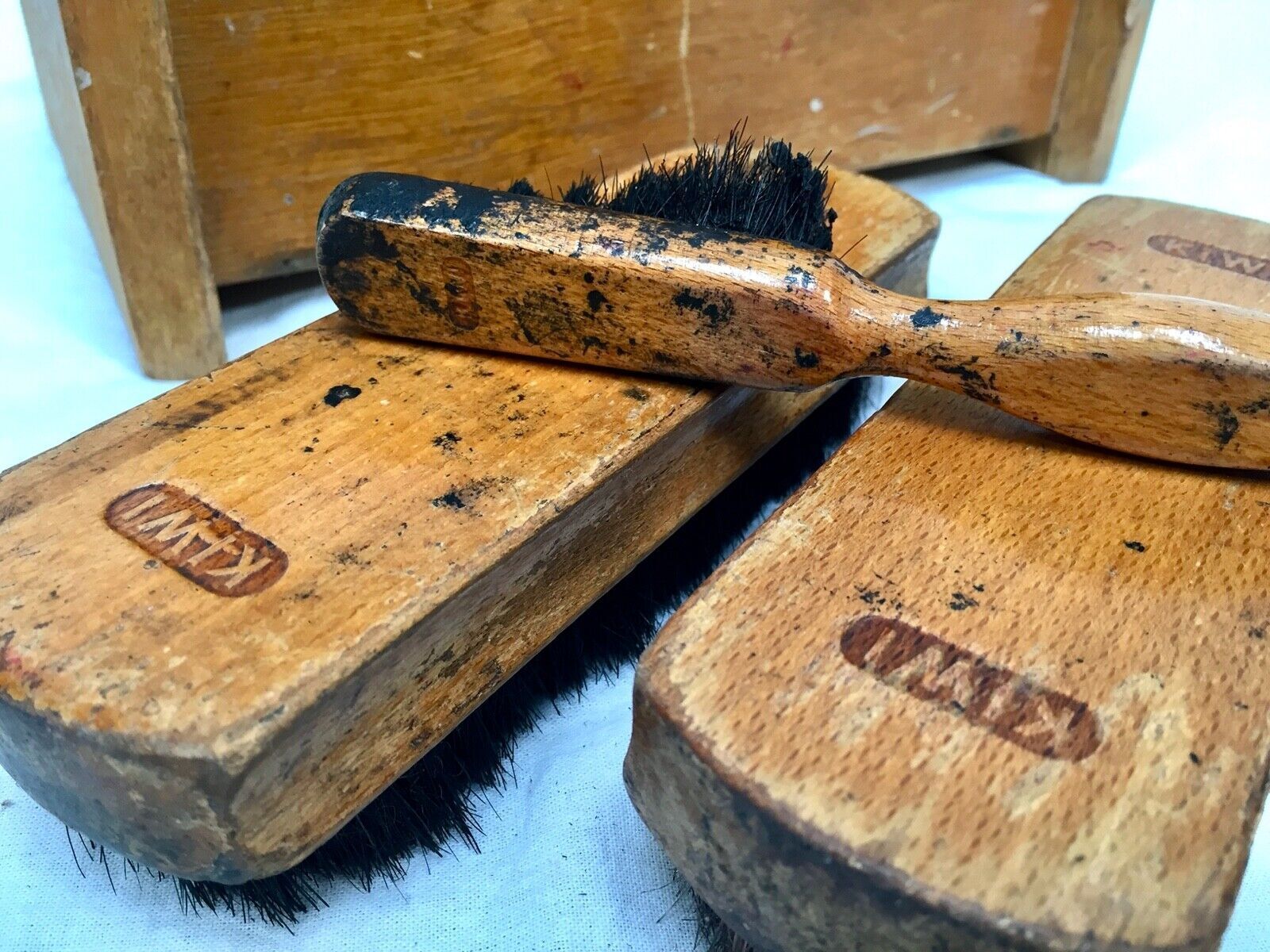Antique Wooden Shoe Shine Box / Storage Rack / Unit By Kiwi & Brushes photo for sale