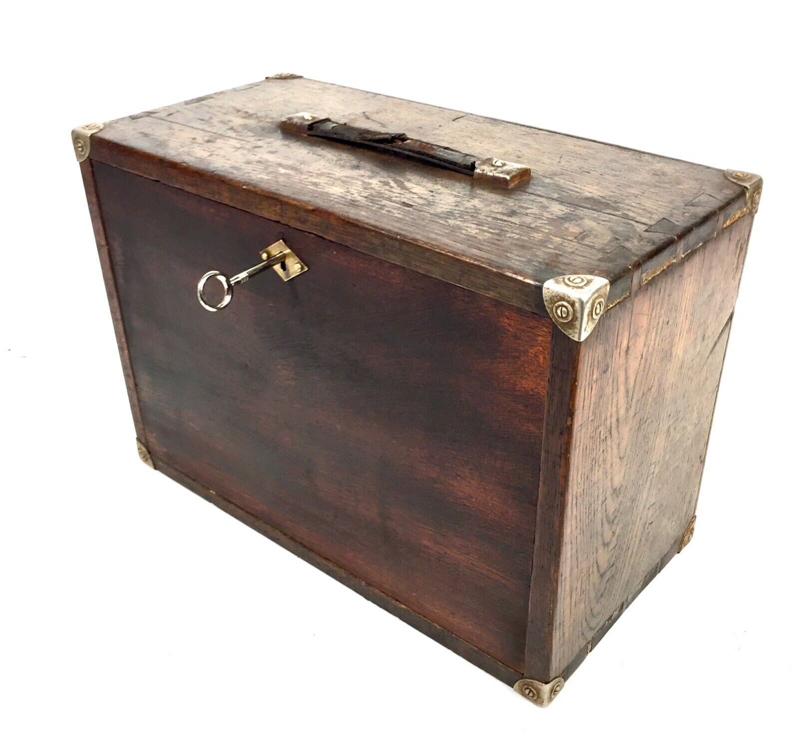 Antique Wooden Oak Engineers Toolbox / Tool Box / Collectors Cabinet With Key photo for sale