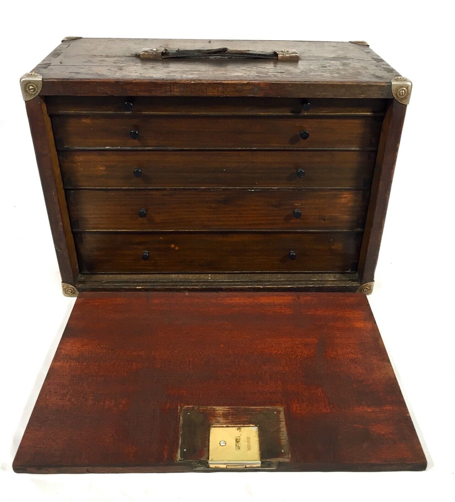 Antique Wooden Oak Engineers Toolbox / Tool Box / Collectors Cabinet With Key photo Furniture