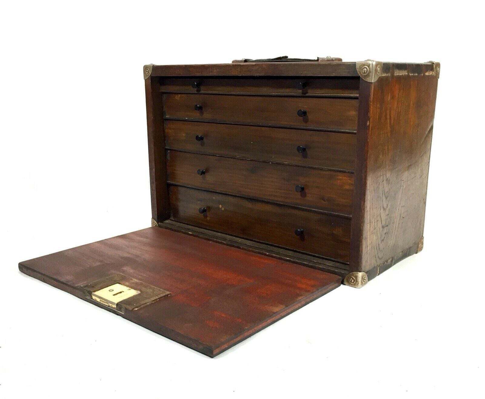 Antique Wooden Oak Engineers Toolbox / Tool Box / Collectors Cabinet With Key photo 210.0