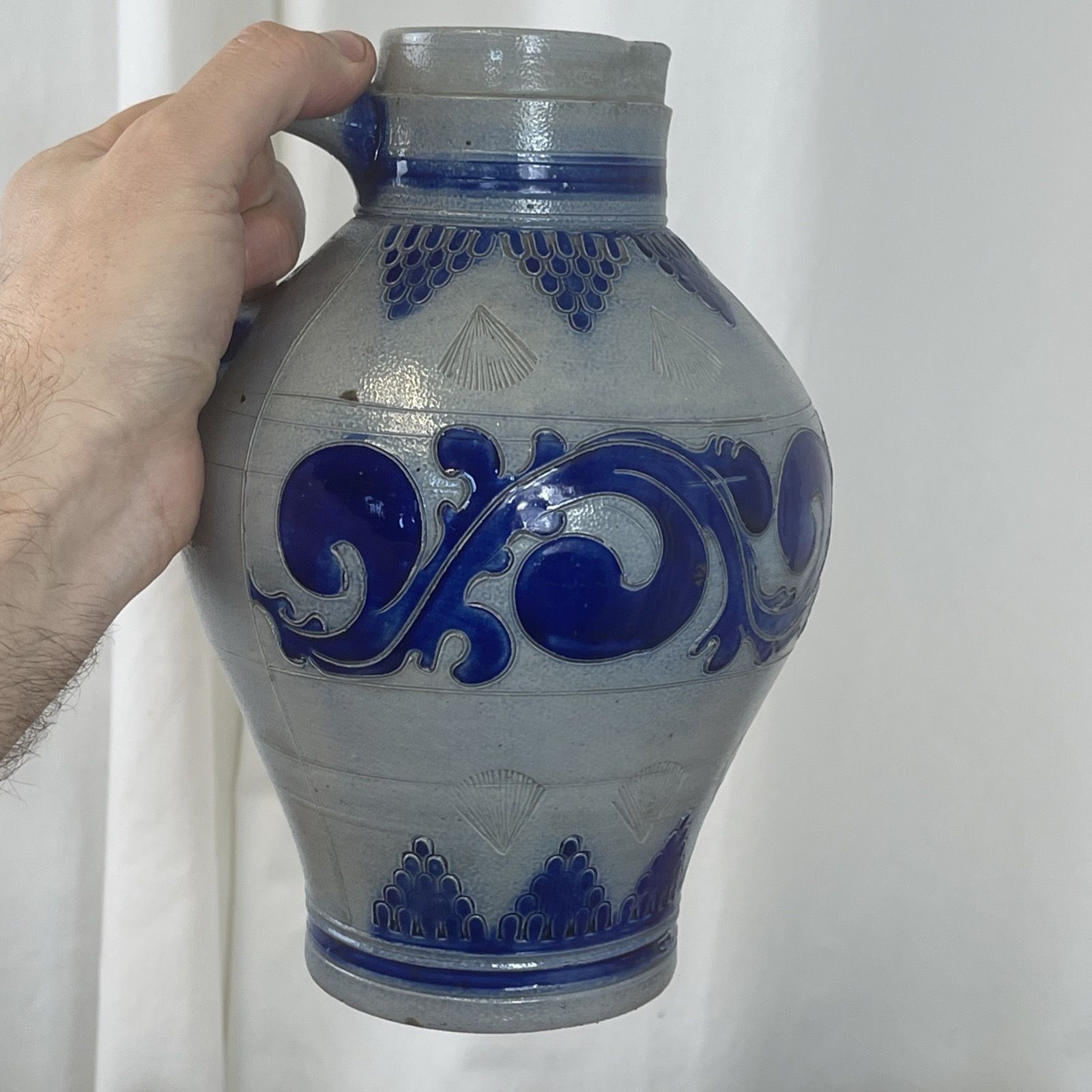 Antique German Salt Glazed Jug 1 1/2 Pitcher Cobalt Blue 19th Century Stoneware photo buy