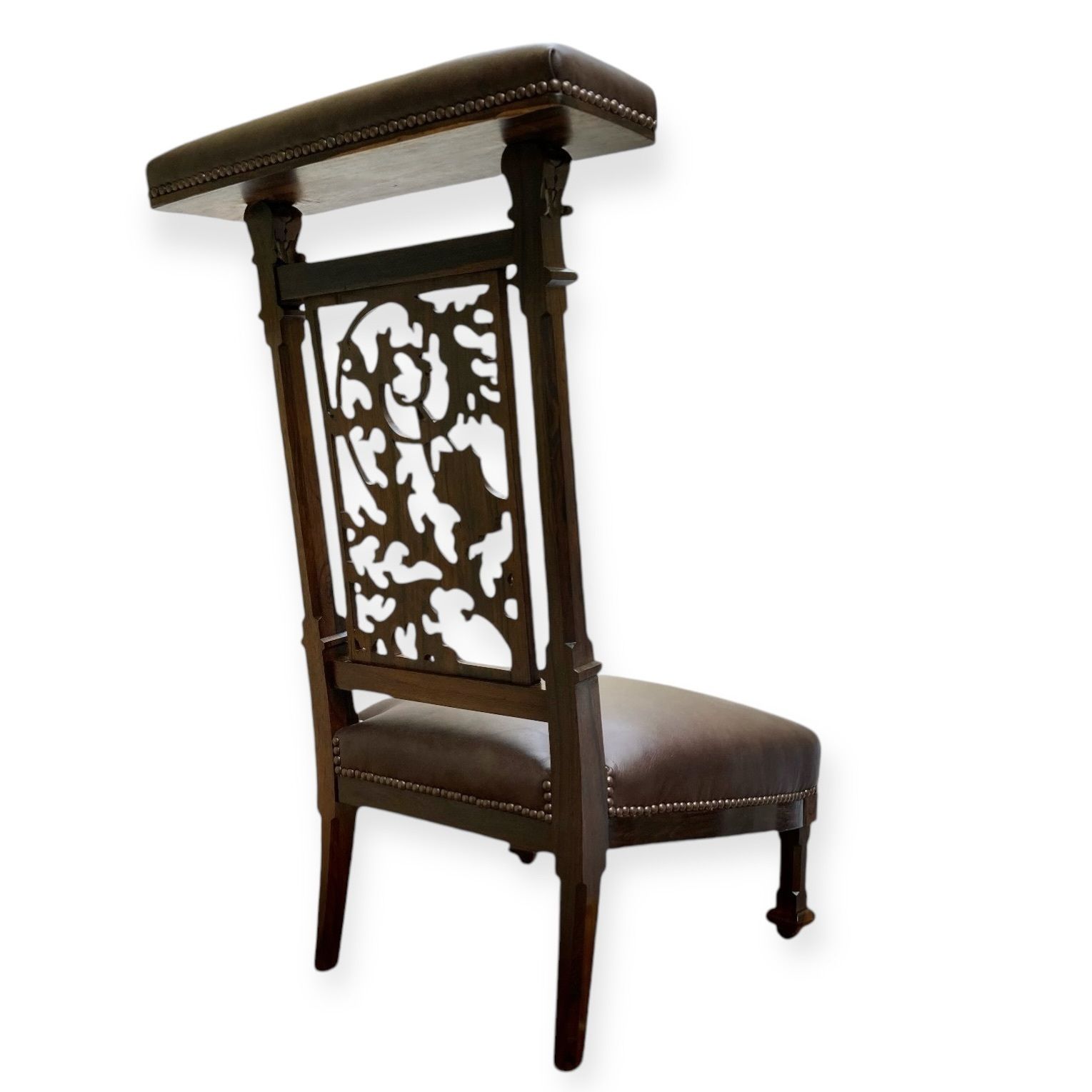 Large Antique French Prayer Chair/ Prie Dieu In  Rosewood With Dark Chocolate Leather Upholstery And Bronze Tacks Fully Restored photo for sale