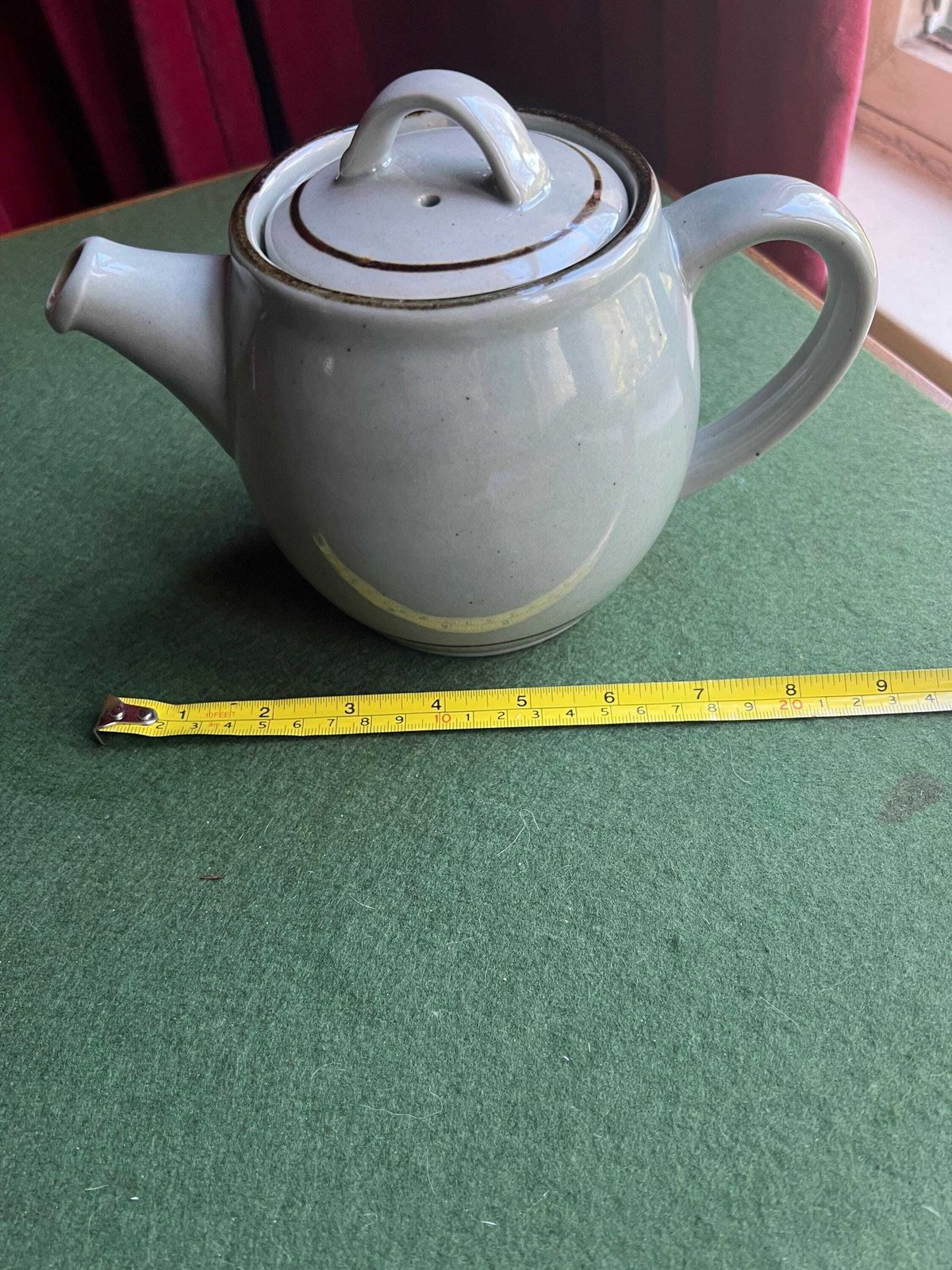 photo furniture Vintage Stoneware Tea Pot. Pot Bellied Celadon Glazed Coffee Pot. Speckled Duck Egg Blue. Stamped Highland Stoneware Scotland.