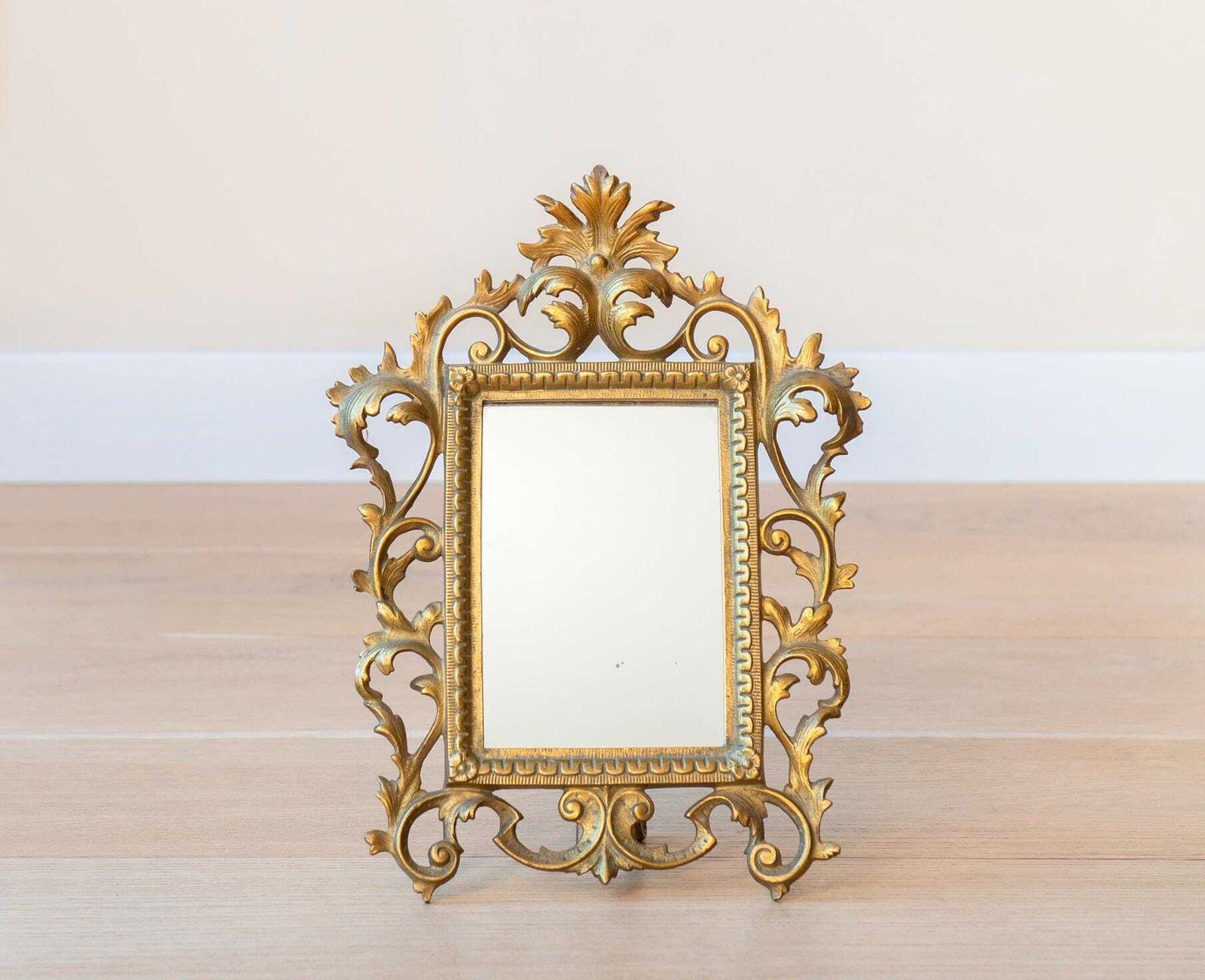 Antique Brass Table Mirror, Decorative Standing Mirror, Baroque Vanity Mirror, Golden Ornate Mirror, Rococo Home Decor photo furniture