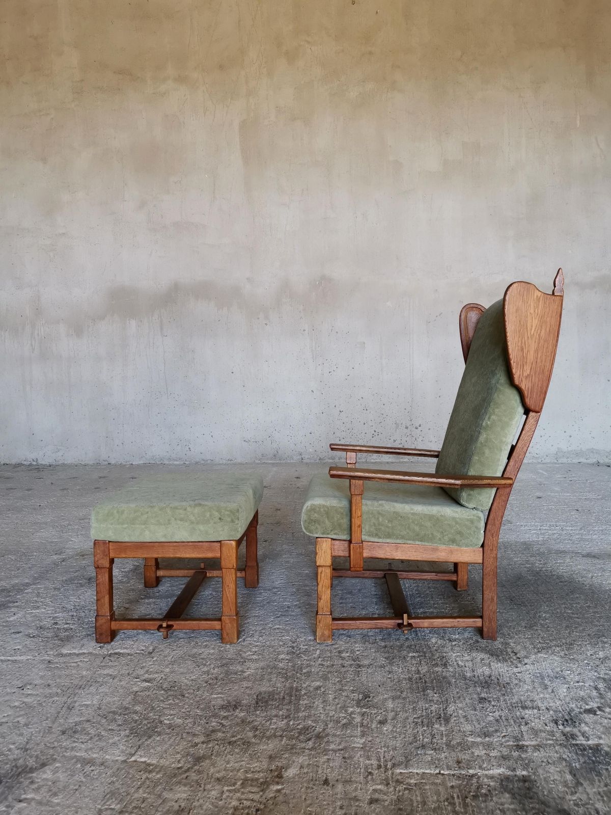 Guillerme Et Chambron Wingback Chair  & Stool, Solid Oak & Velvet, France 1960s photo for sale