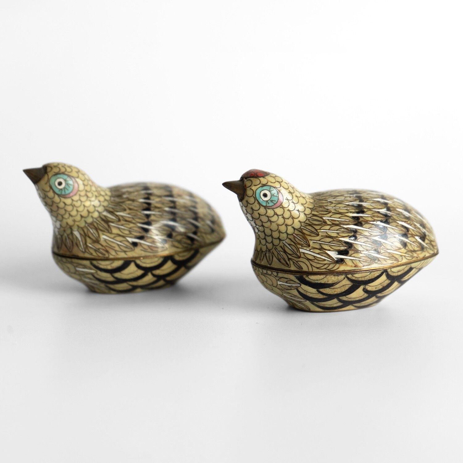 Pair Of Antique Chinese Cloisonne Quail Boxes, Qing Dynasty, Late 19th Century