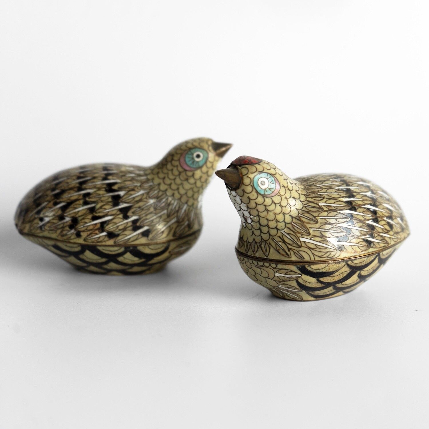 Pair Of Antique Chinese Cloisonne Quail Boxes, Qing Dynasty, Late 19th Century photo vintage