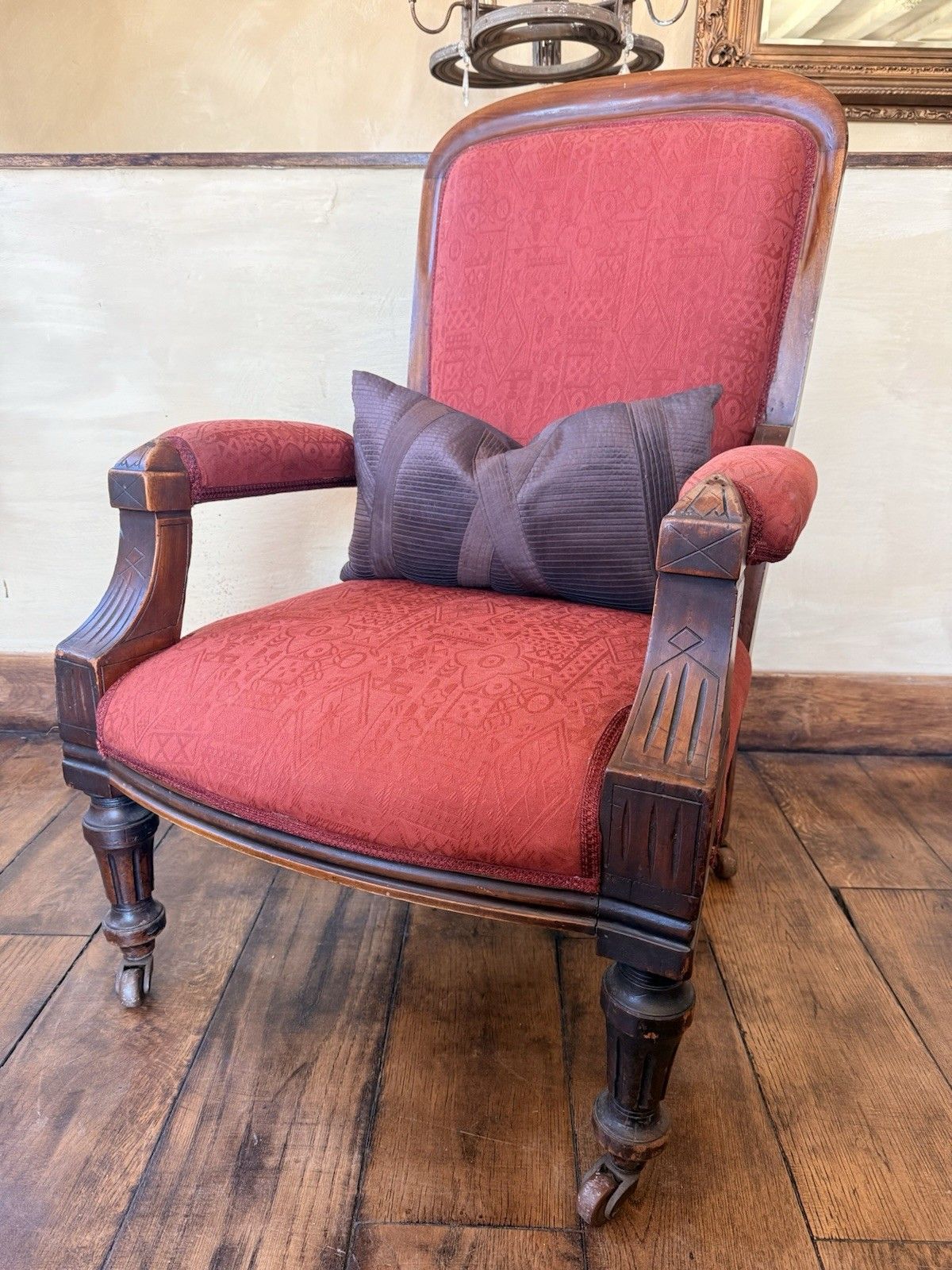 Original Antique Unholstered Burnt Orange Gentleman's Fireside Armchair photo Furniture