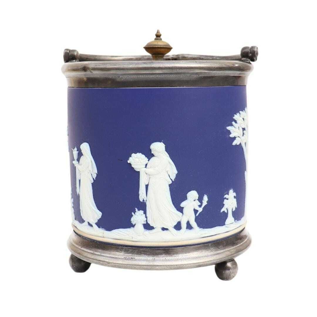 Antique Wedgwood Blue And White Jasperware Biscuit Barrel Neoclassical Made In England 19th Century photo vinterior