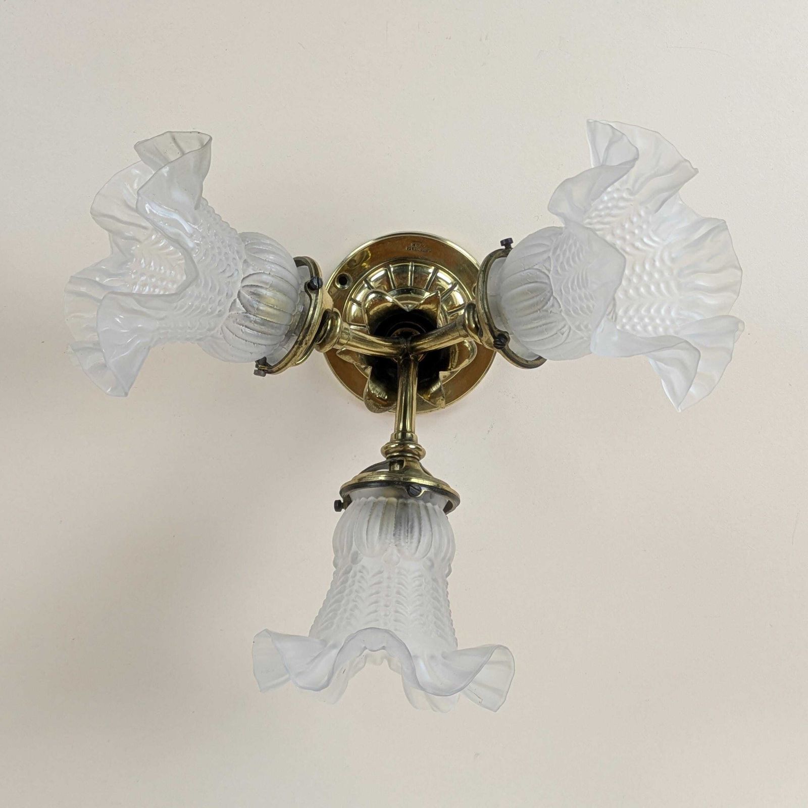 Antique French Gilt Bronze Mount 3 Light Glass Ceiling Light By Berlie & Co Lyon, Art Nouveau Lamp, Original Lighting From France photo vinterior