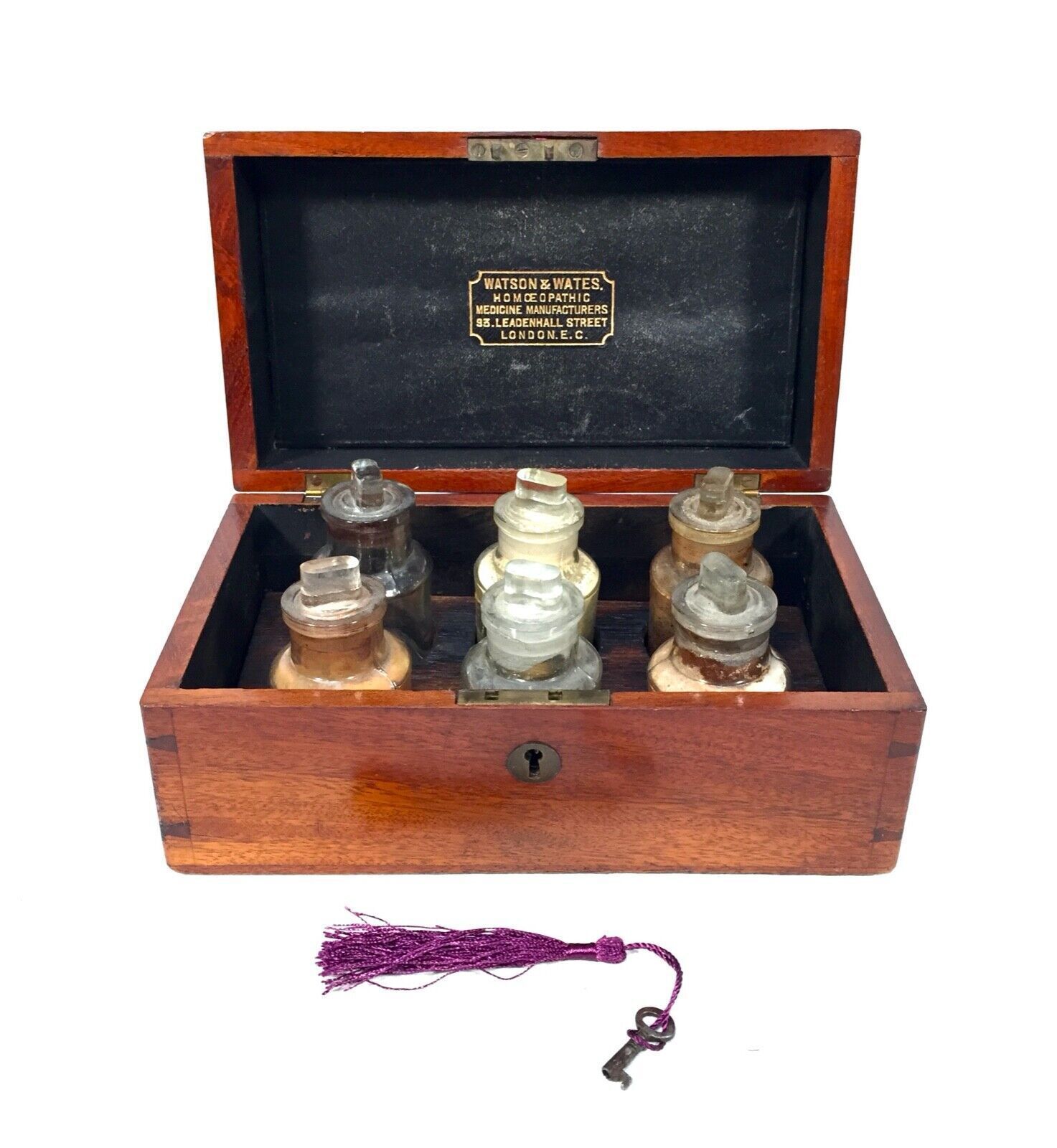 Antique Mahogany Apothecary Box / Cabinet With Glass Bottles By Watson & Wates photo for sale