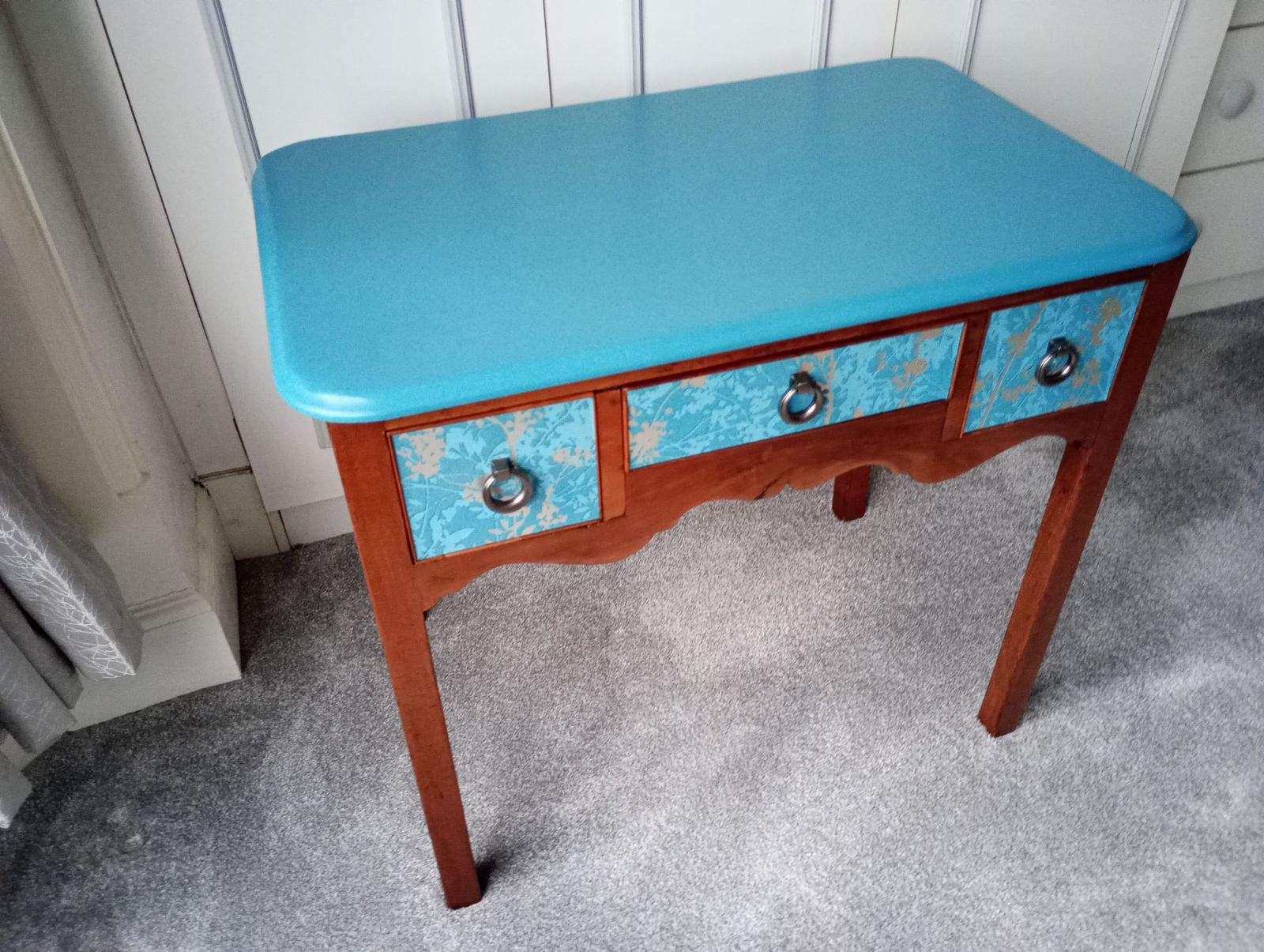 Antique Solid Mahogany Three Drawer Desk With Teal Top And Decorated Drawers photo furniture