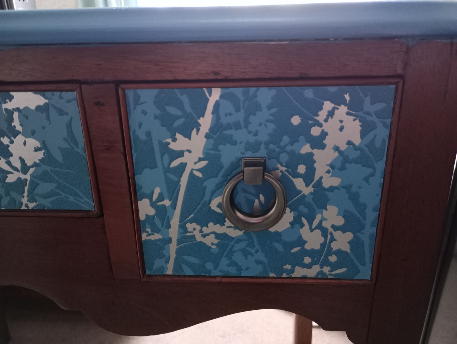 Antique Solid Mahogany Three Drawer Desk With Teal Top And Decorated Drawers photo vinterior