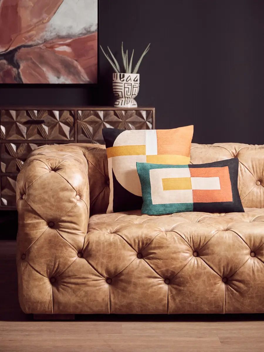 photo vinterior Bespoke Modular Sectional Sofa, 13 Seats Total, Mid Century Modern Tufted Chesterfield Adaptation, Tan Aniline Leather