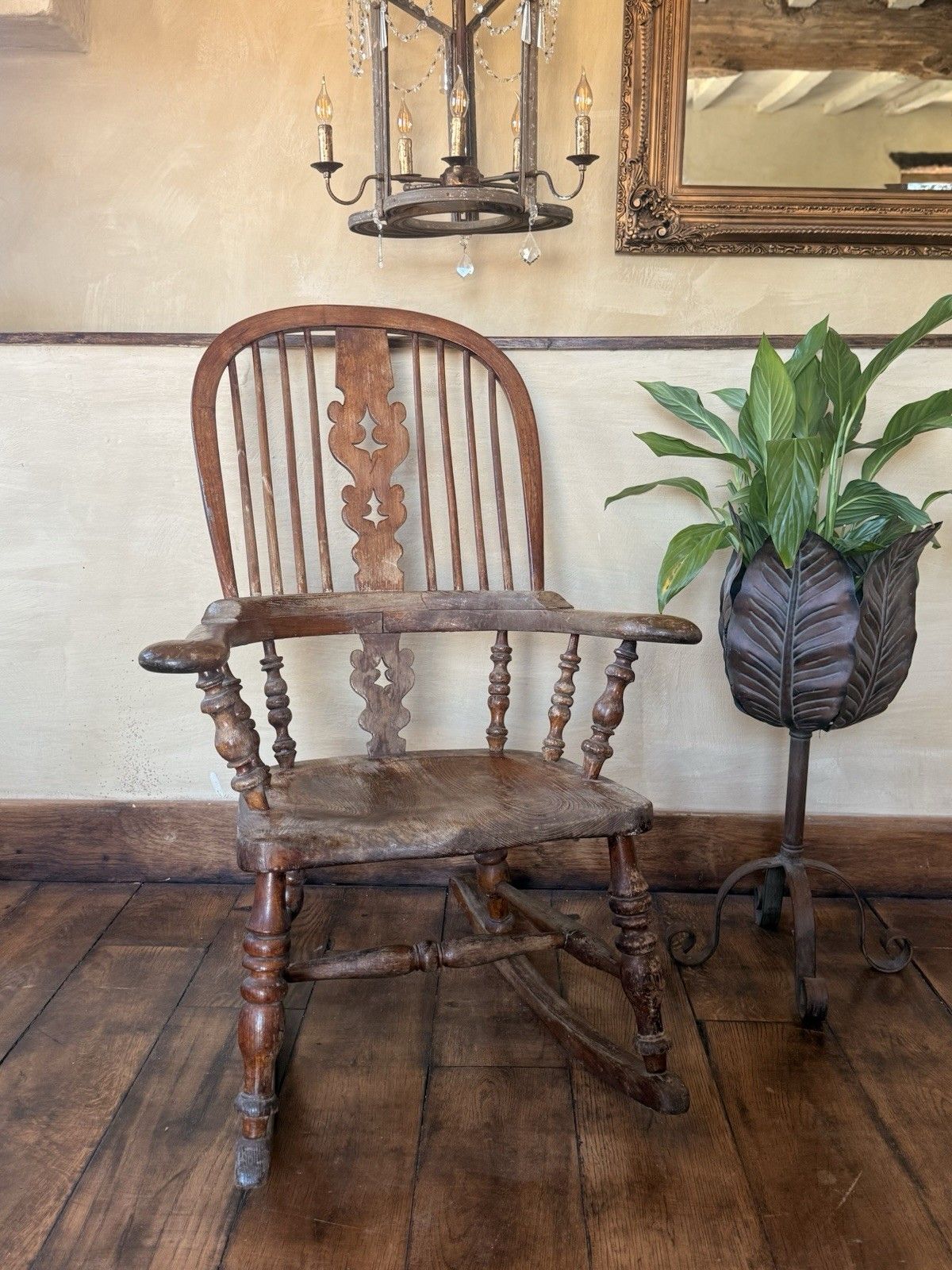 English Original Antique Rustic Farmhouse Rocking Bobbin Armchair Windsor Chair