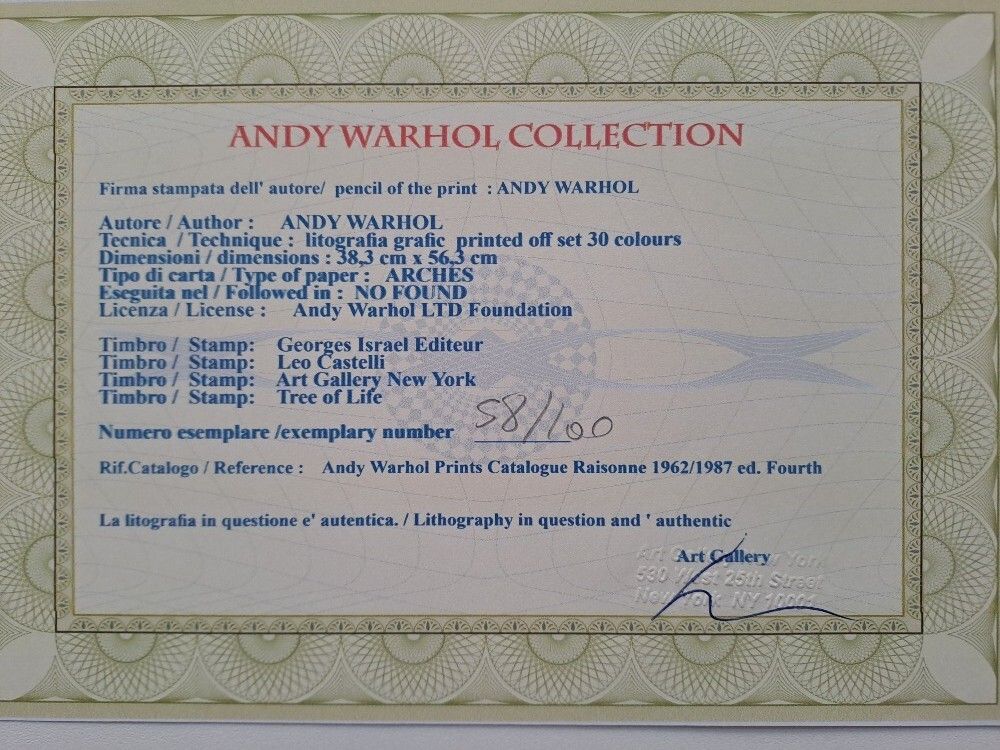 Andy Warhol Signed Flowers Certificate Leo Castelli photo for sale