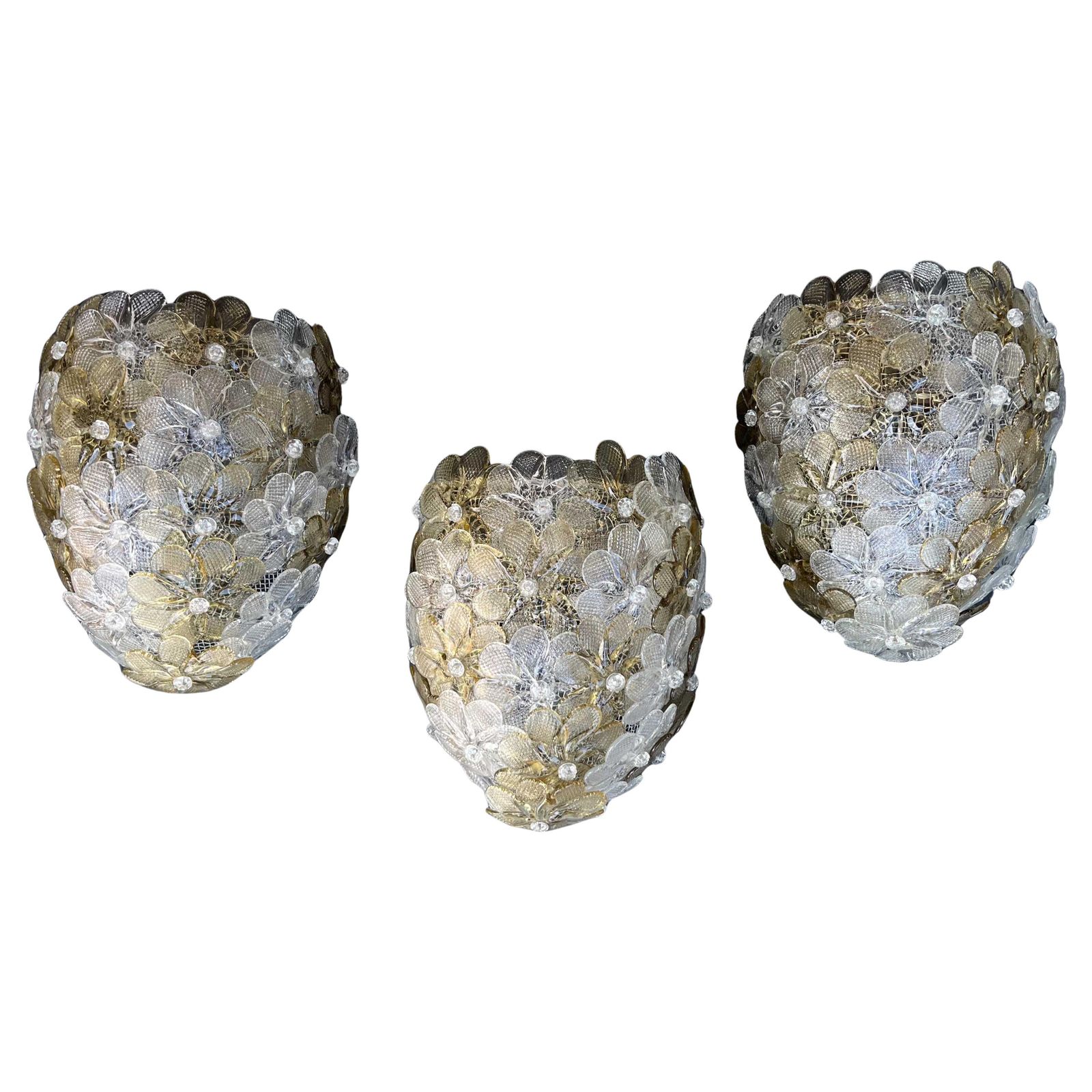 Set Of 3 Murano Wall Light Flower By Seguso For Venini, Italy, 1960s