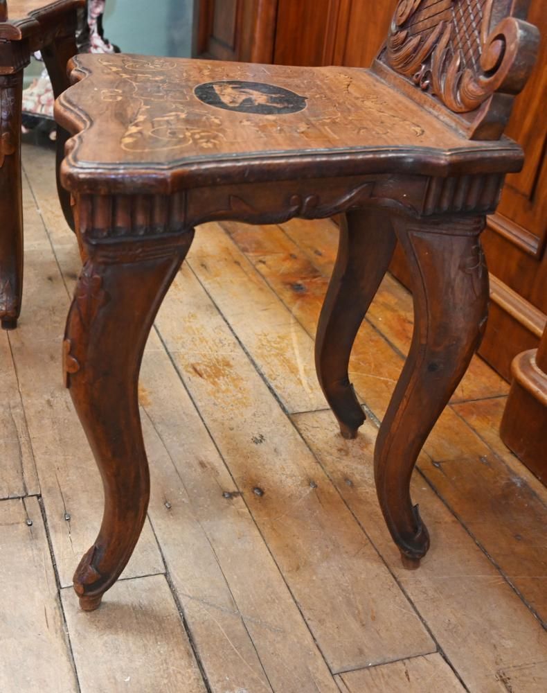 Pair Black Forest Hall Chairs Carved Walnut 1840 photo buy