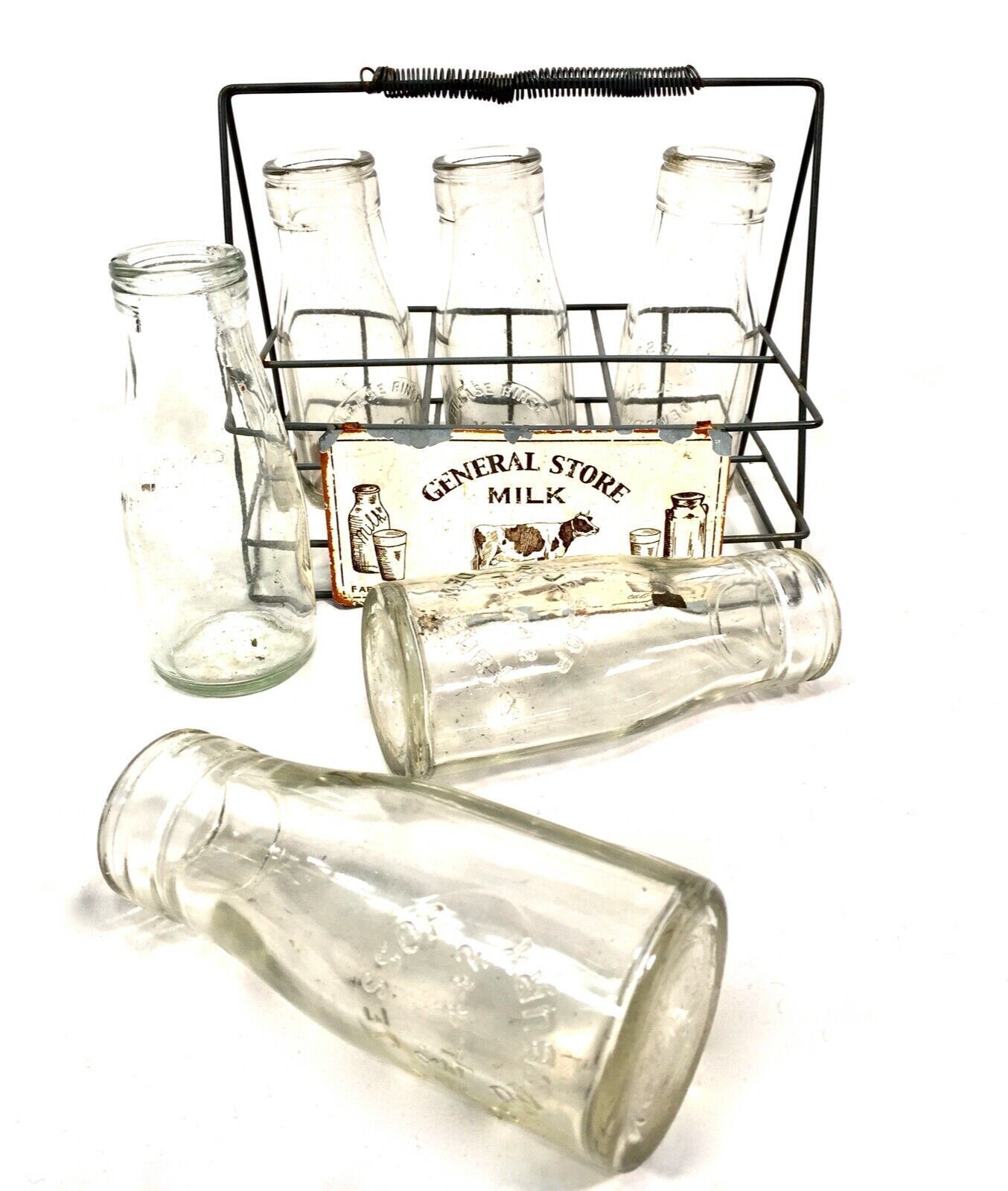 Antique Kitchenalia   Set Of Old Glass Milk Bottles & Metal Carrier C.1960 photo for sale
