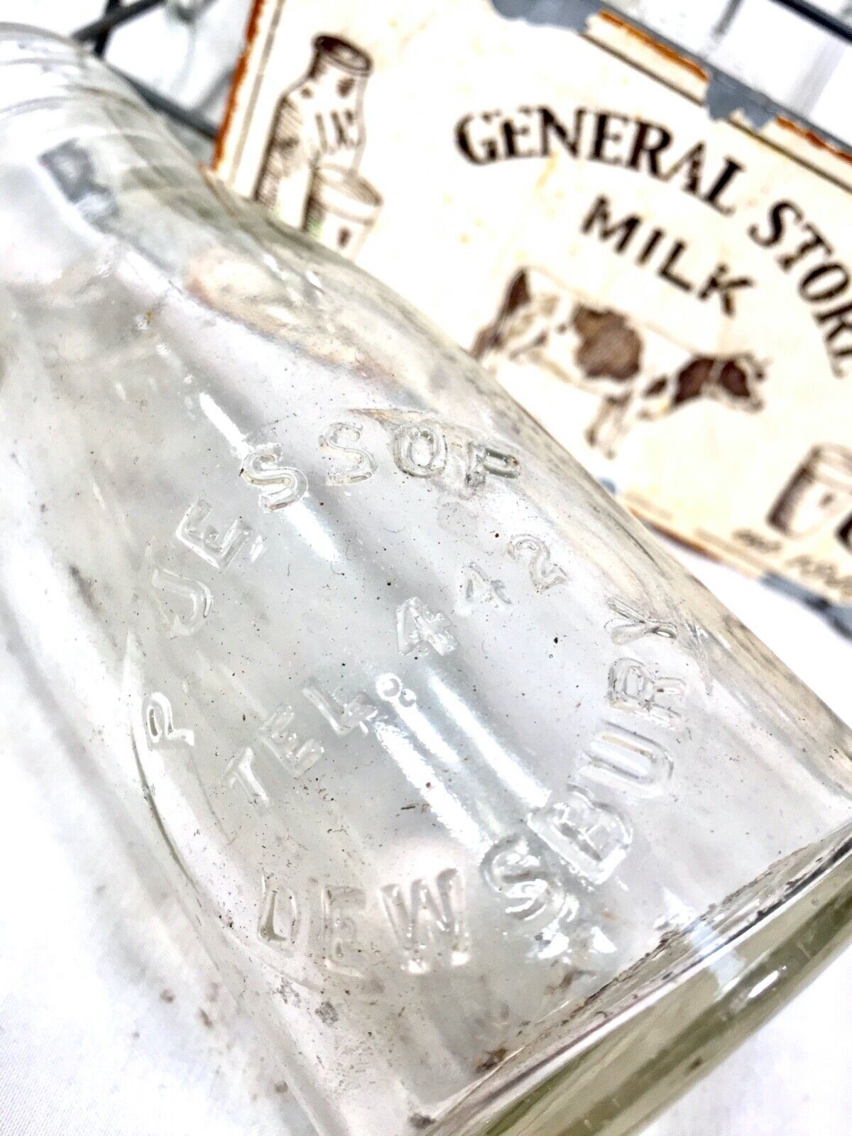 Antique Kitchenalia   Set Of Old Glass Milk Bottles & Metal Carrier C.1960 photo Home Decor