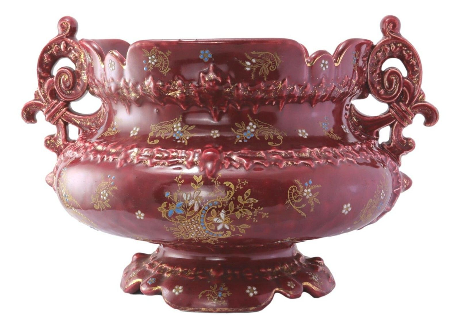 Antique French Gustave De Bruyn Majolica Barbotine Enamel Pottery Cache Pot 1900
