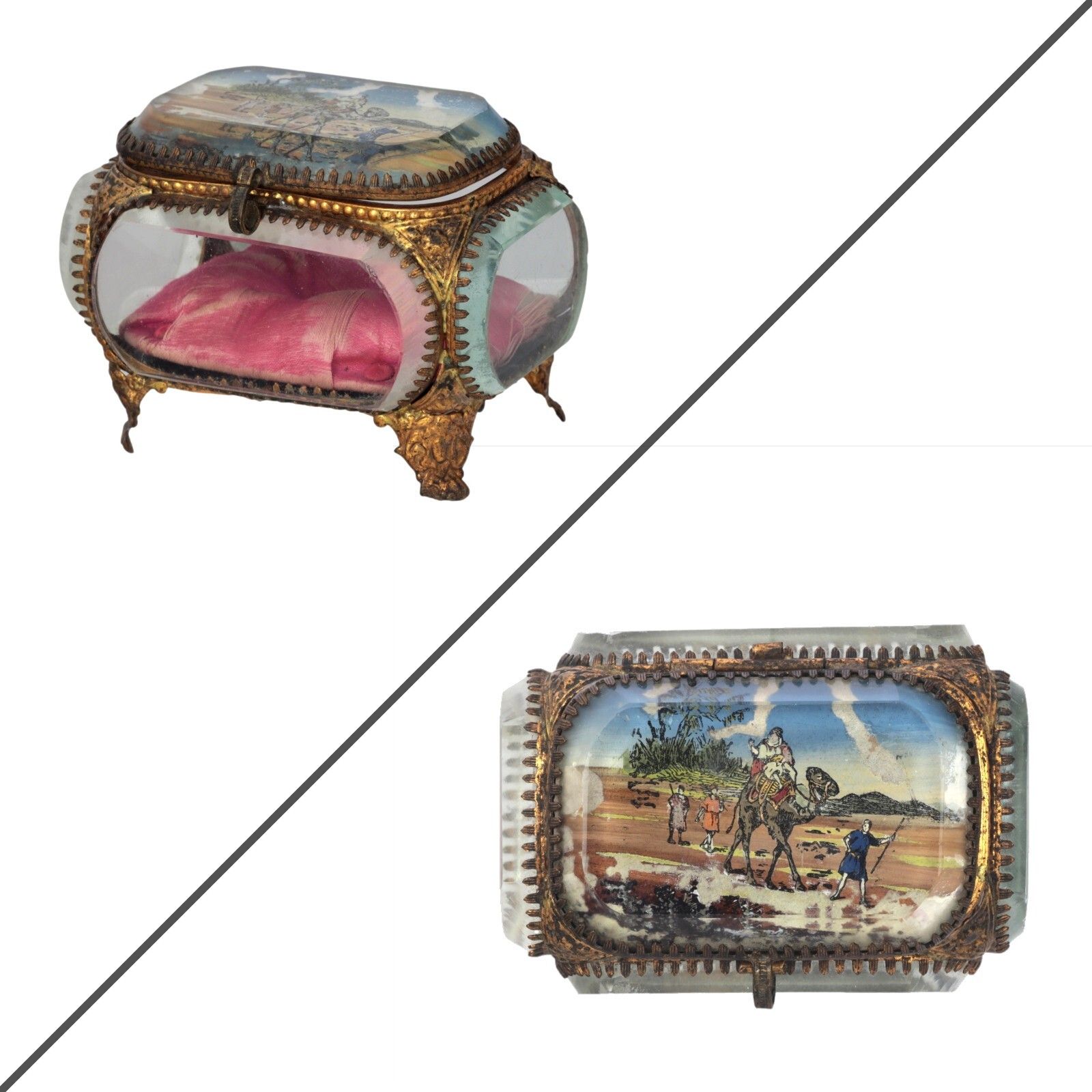 Antique French Ormolu Gilt Jewellery Box Casket Bevelled Glass Souvenir Desert