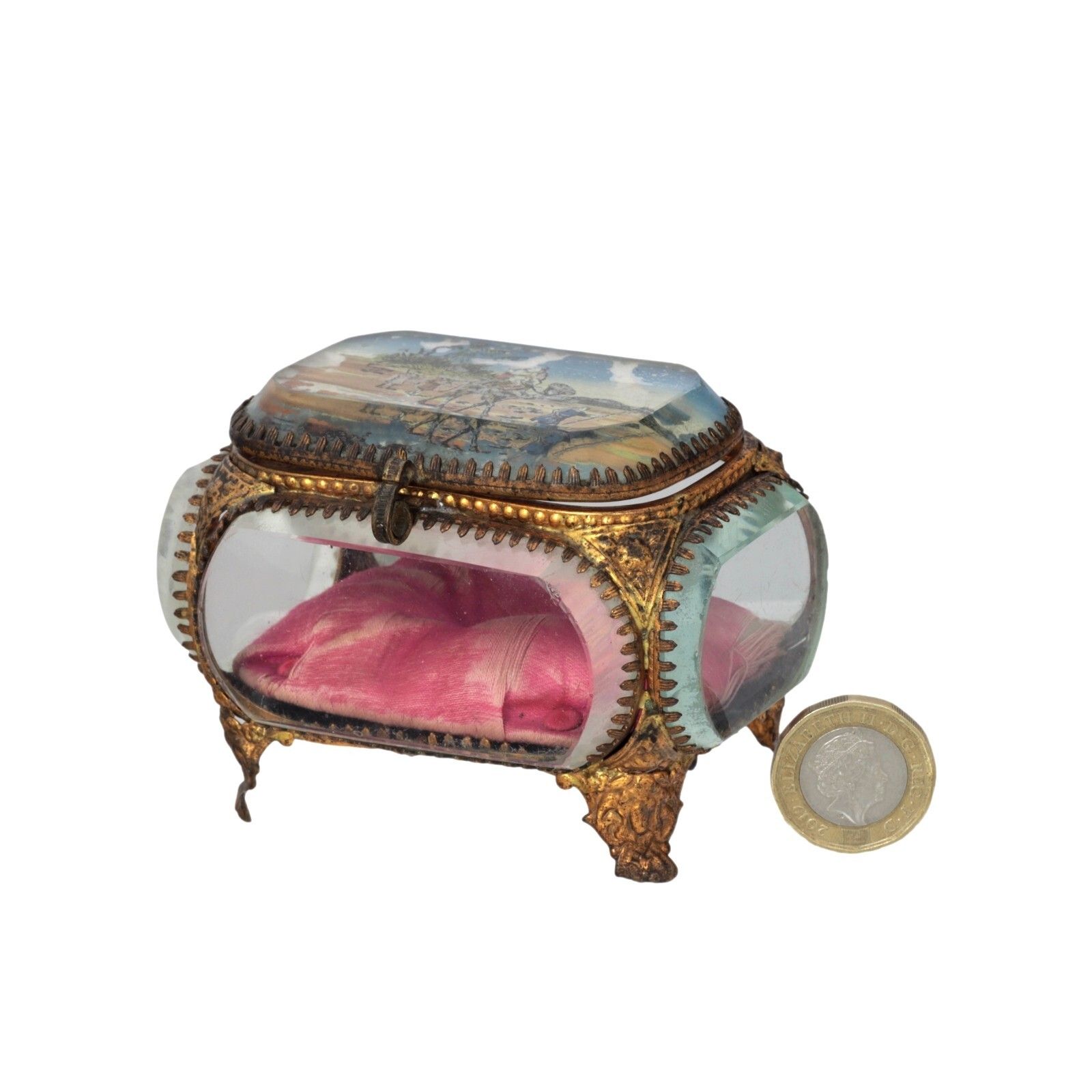 Antique French Ormolu Gilt Jewellery Box Casket Bevelled Glass Souvenir Desert photo for sale