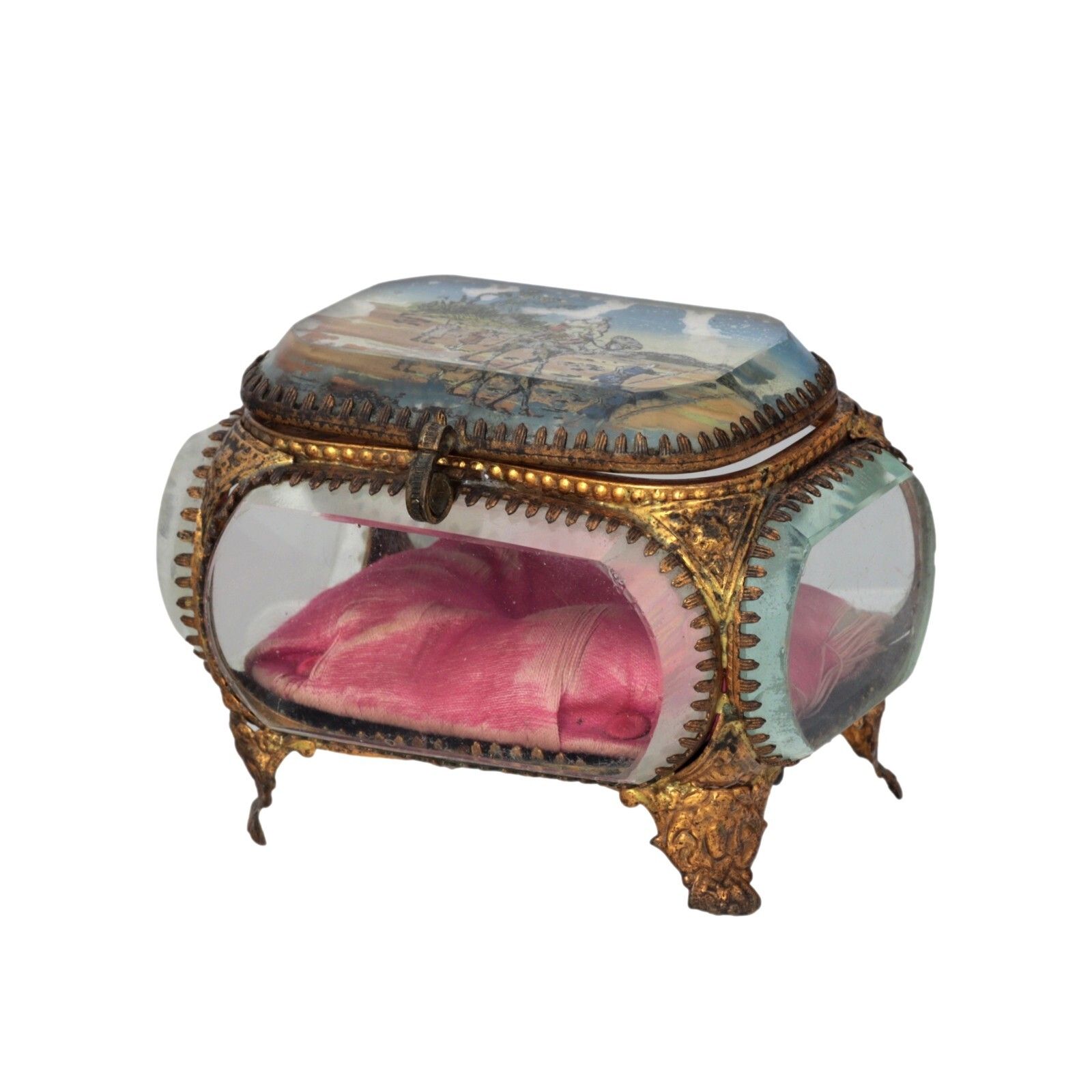 Antique French Ormolu Gilt Jewellery Box Casket Bevelled Glass Souvenir Desert photo Home Decor