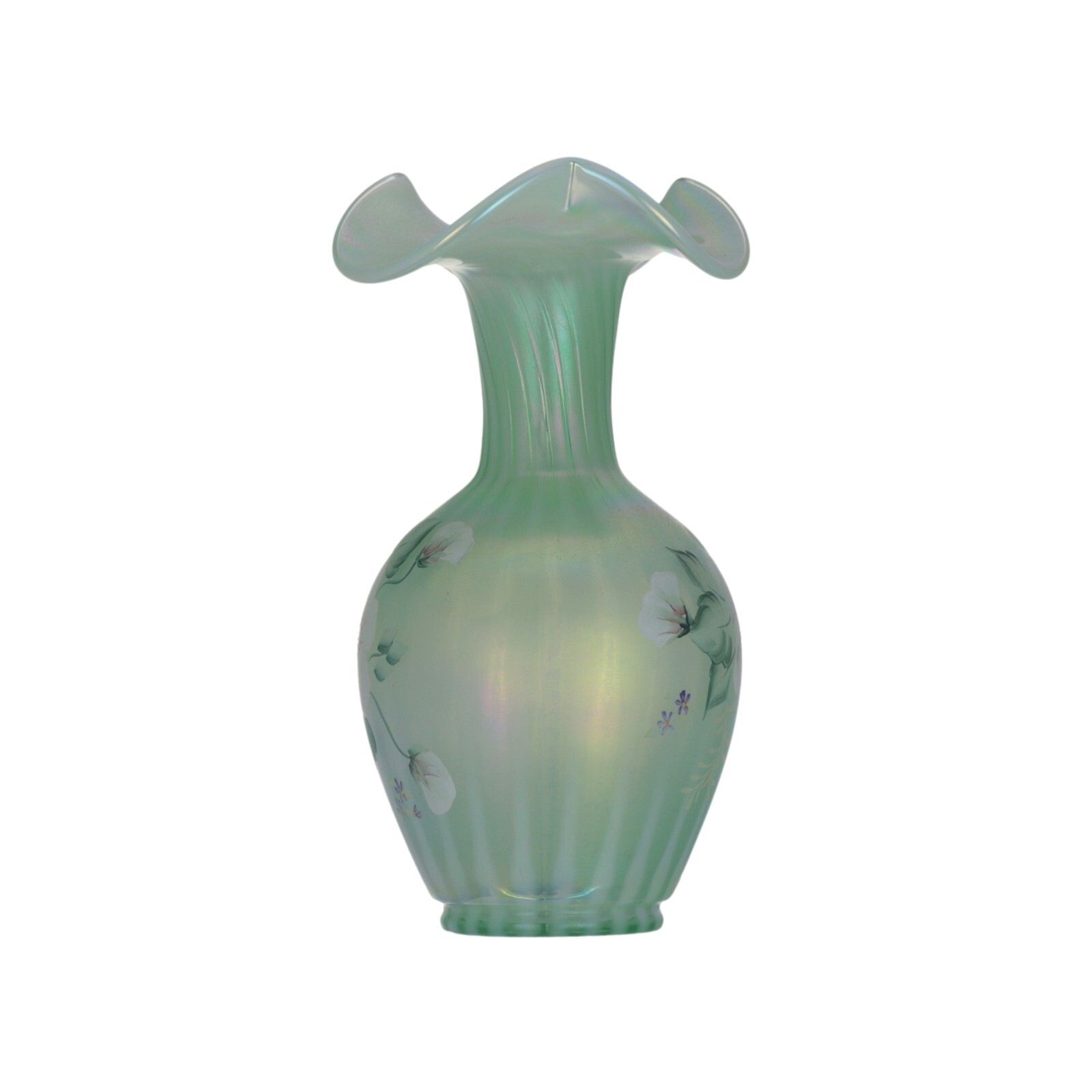 Fenton Glass Vase 95th Anniversary Green Iridescent Hand Painted Flowers Signed photo for sale