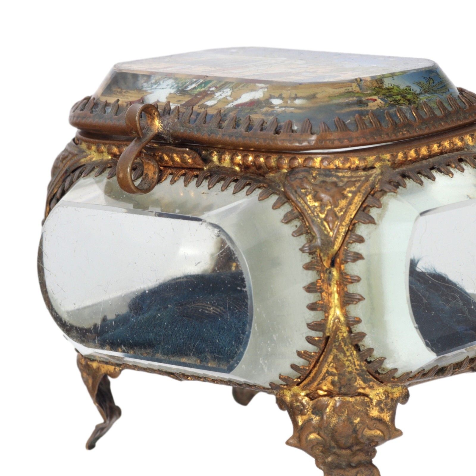 photo vinterior Antique French Ormolu Gilt Jewellery Box Casket Bevelled Glass Souvenir Street