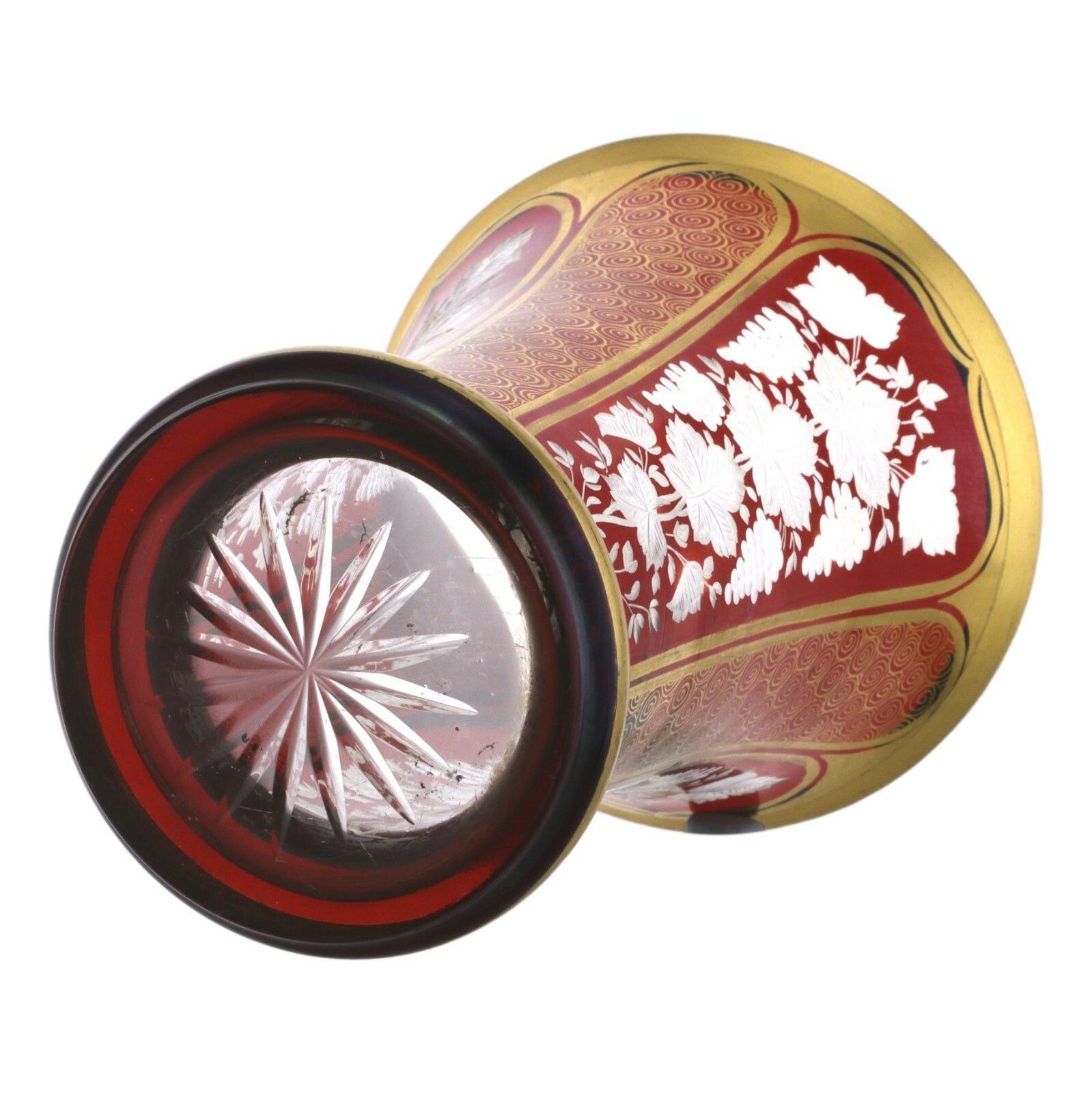 Bohemian Glass Red Overlay Gilt And Vine Decoration Cut Vase 6" (15.25 Cm) photo Home Decor