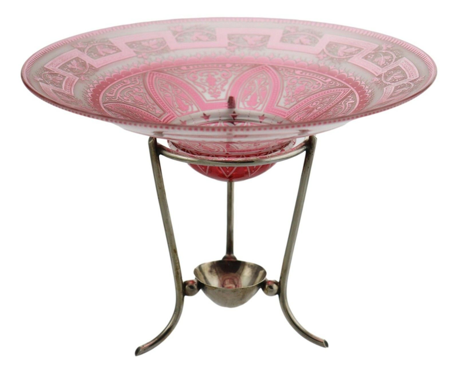 Antique Baccarat French Glass Pink Flash Acid Etched Comport Silver Plate Stand photo furniture