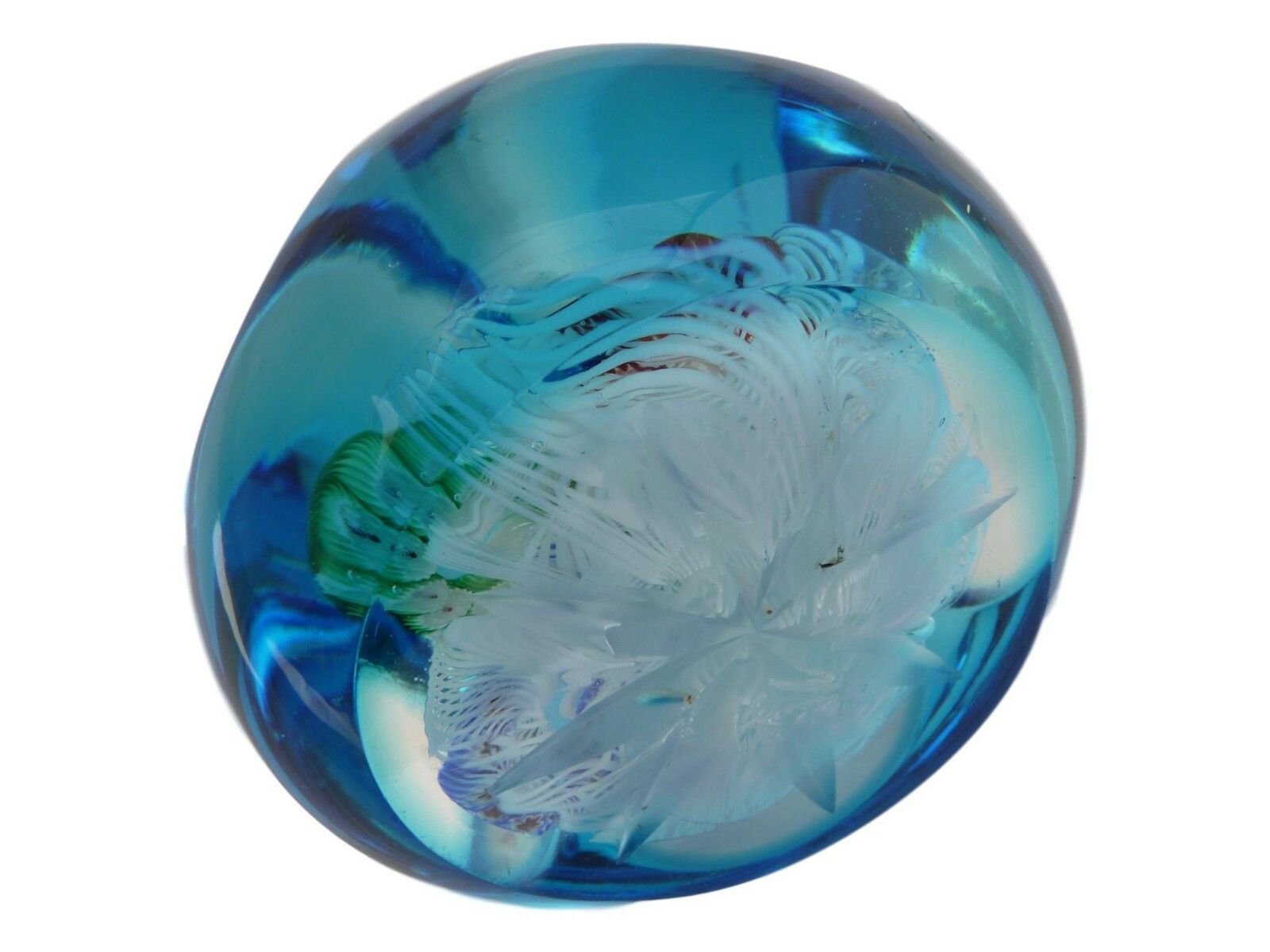 Millefiori & Latticino Glass Paperweight Bright Blue Cased Faceted Cut Top A/F photo furniture