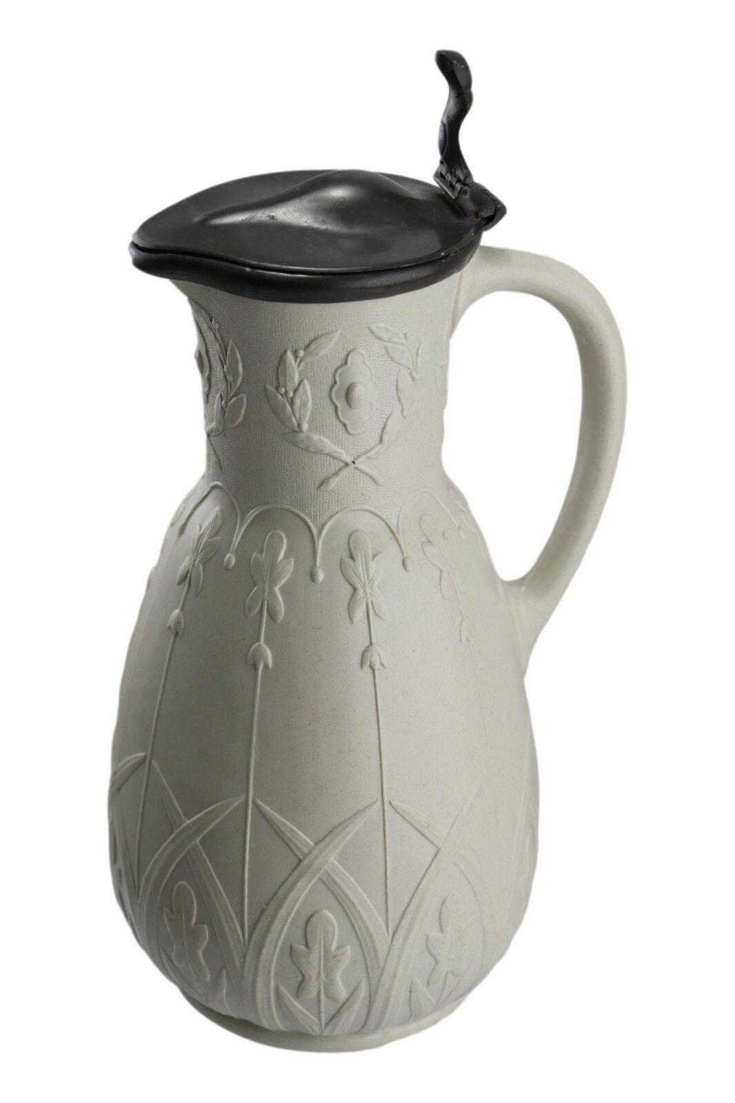 Antique Aesthetic Style Relief Moulded Jug 8 3/4" Metal Lid C1870