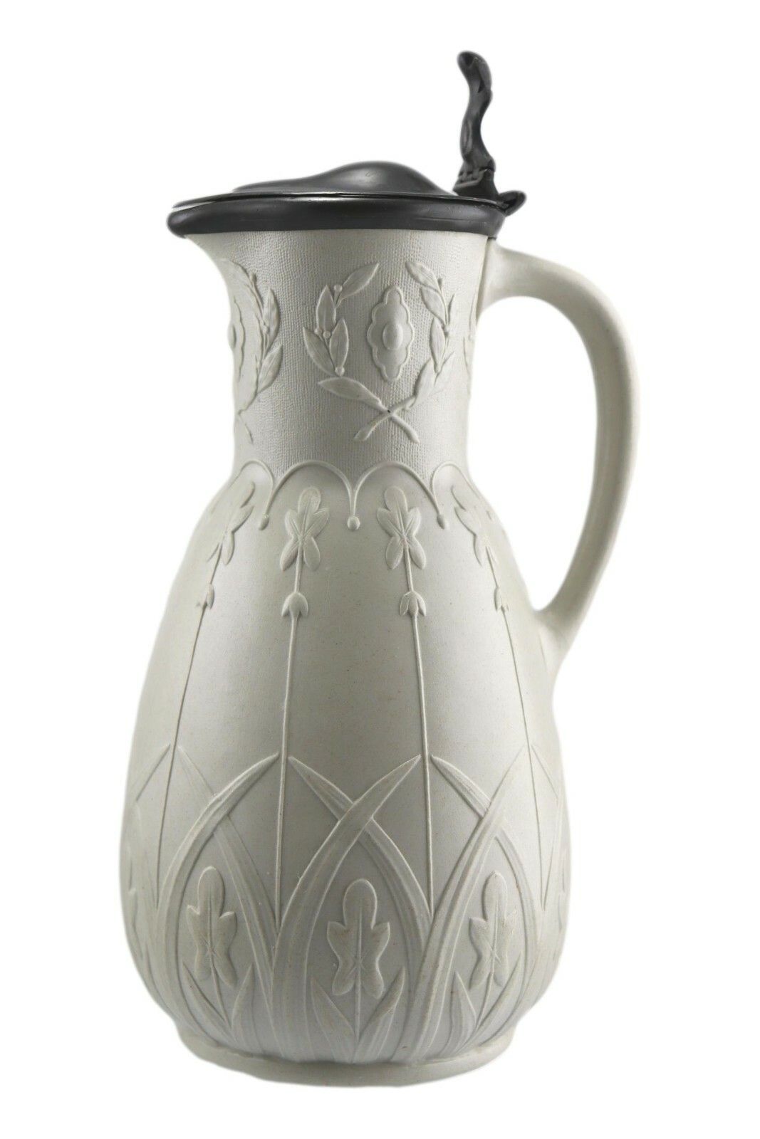 Antique Aesthetic Style Relief Moulded Jug 8 3/4" Metal Lid C1870 photo furniture