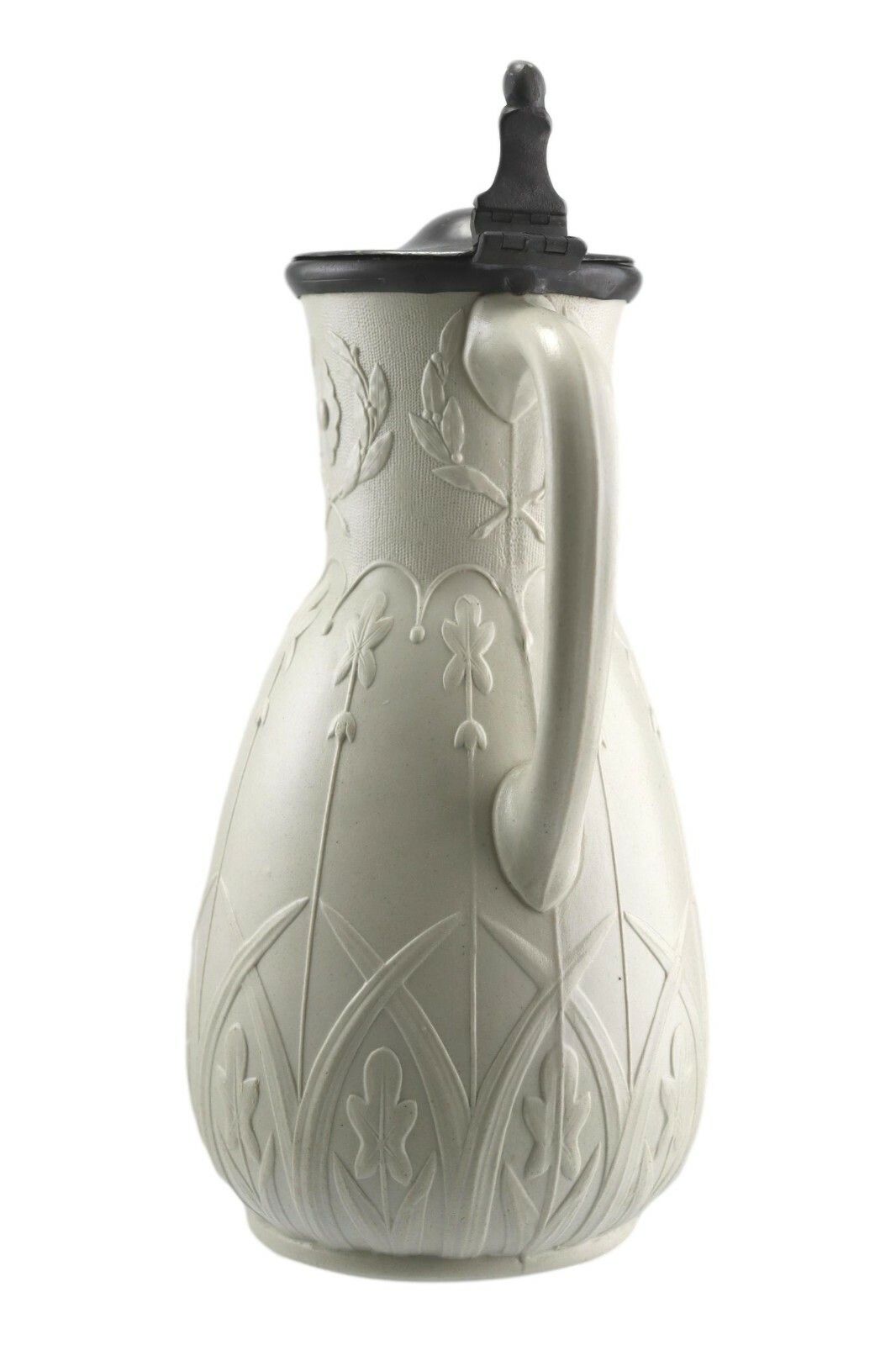 Antique Aesthetic Style Relief Moulded Jug 8 3/4" Metal Lid C1870 photo for sale