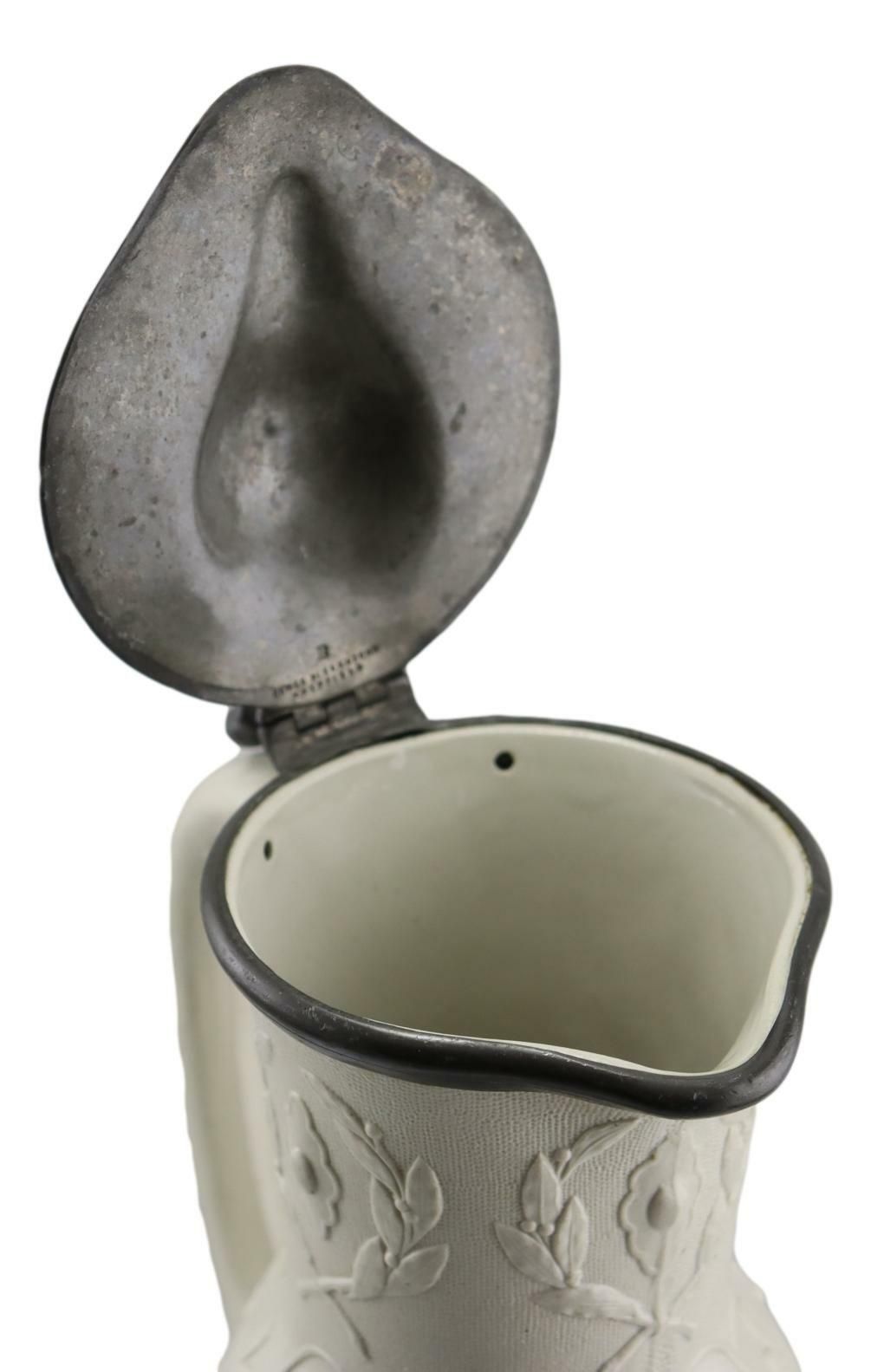 Antique Aesthetic Style Relief Moulded Jug 8 3/4" Metal Lid C1870 photo vinterior