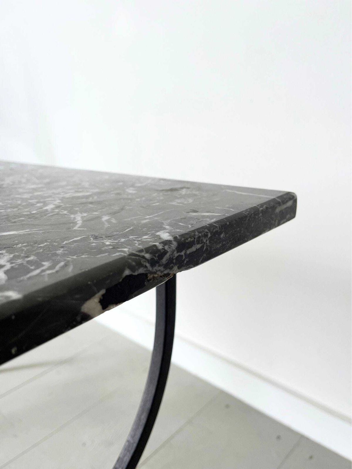 Mid Century Marble Coffee Table With Neoclassical Design And X Frame Curule Iron Base And Legs, French 1960s photo vintage