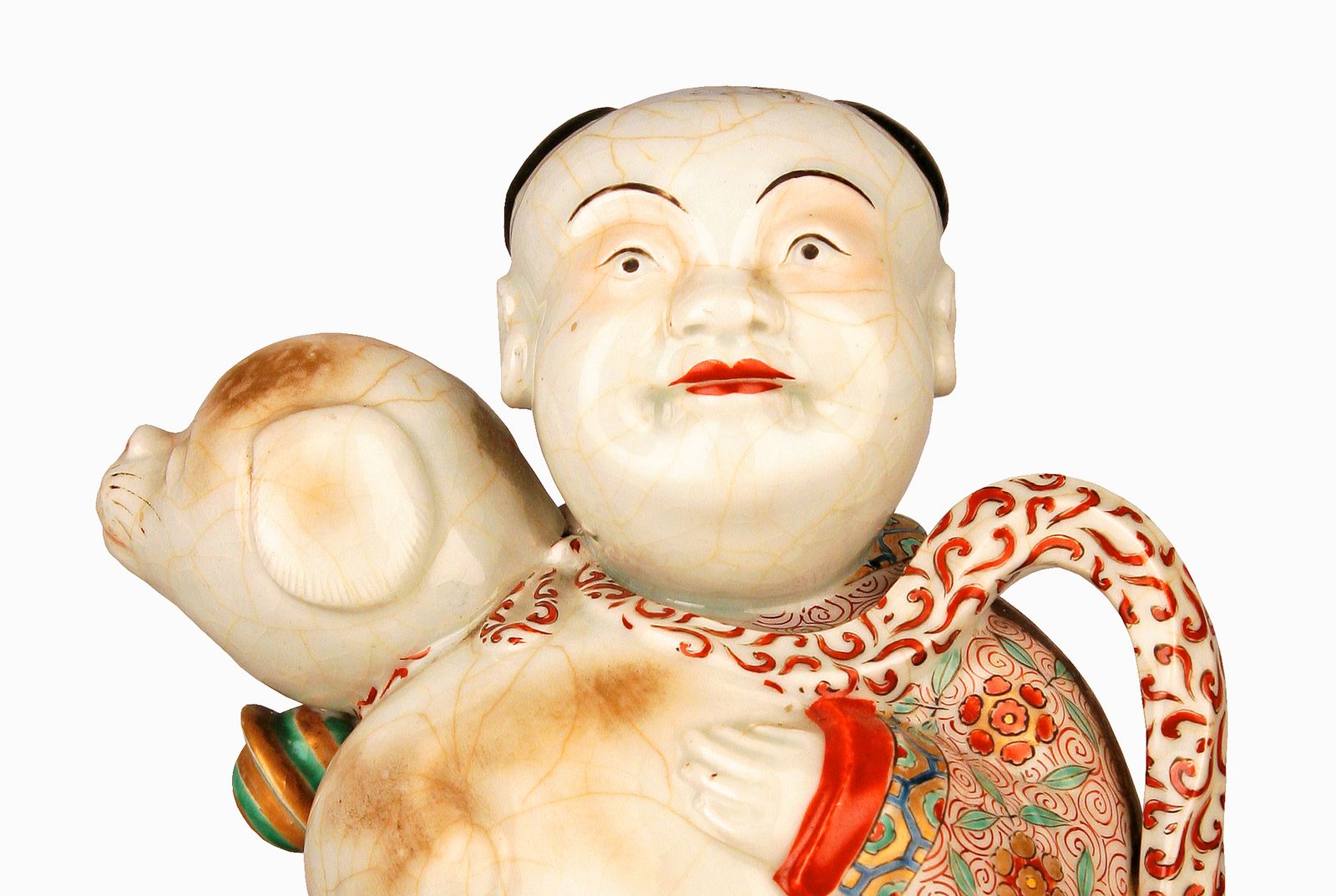 19th Century/Qing Dinasty Hand Painted Glazed Porcelain Sitting Man With Scarf And Dog Figurine photo vintage