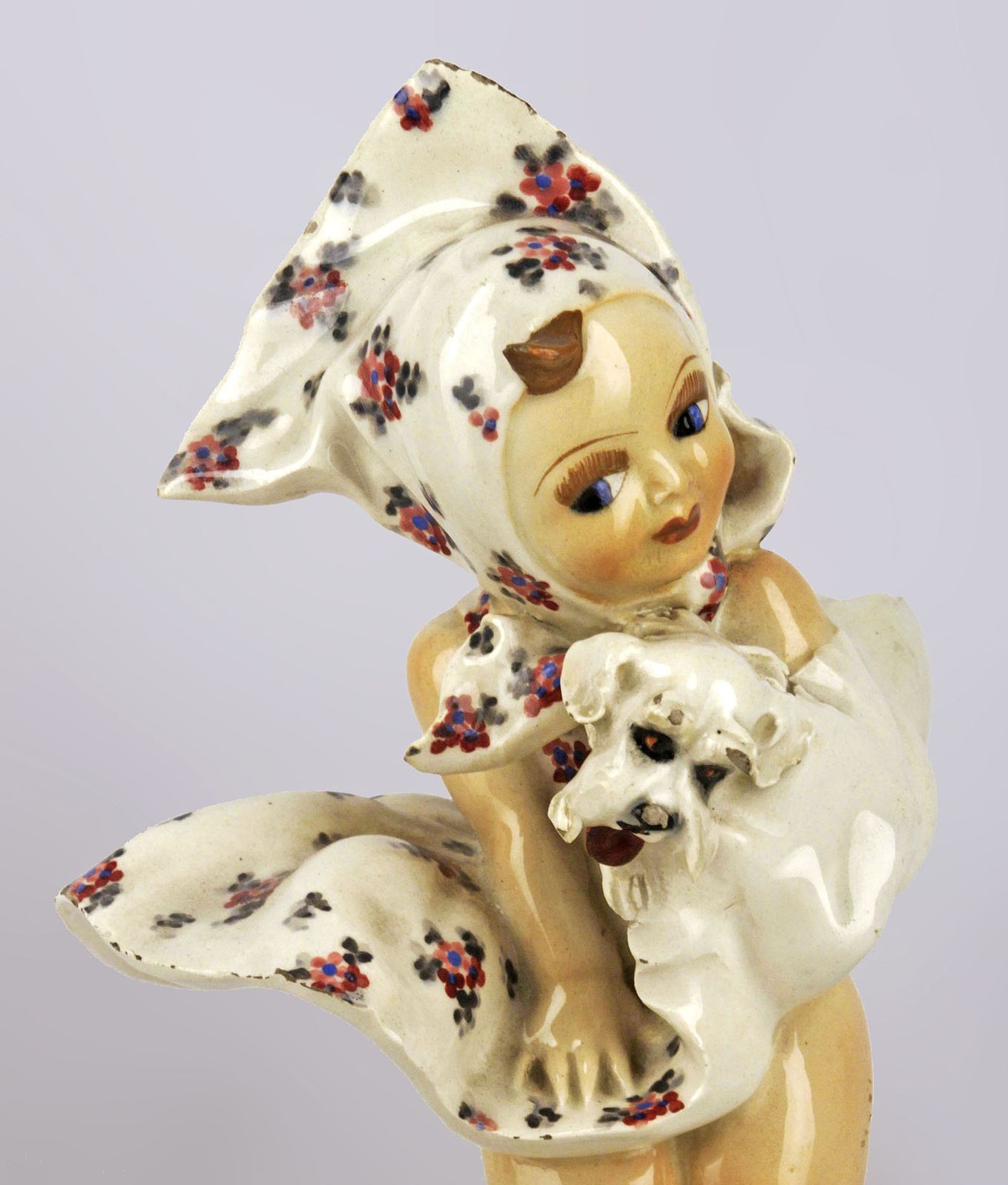 1950s Italian Torino Hand Painted Glazed Ceramic Sculpture Of A Girl With Dress And Dog Signed By C. Mollica photo vintage